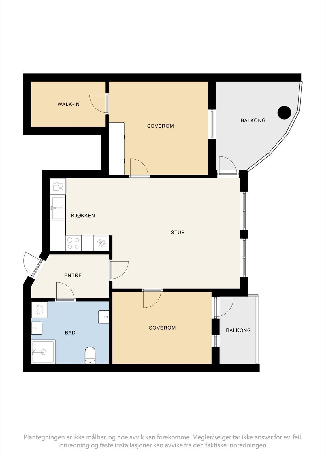 Leiligheten på 70 m² har en arealeffektiv planløsning med to soverom og to balkonger. Galleribilde