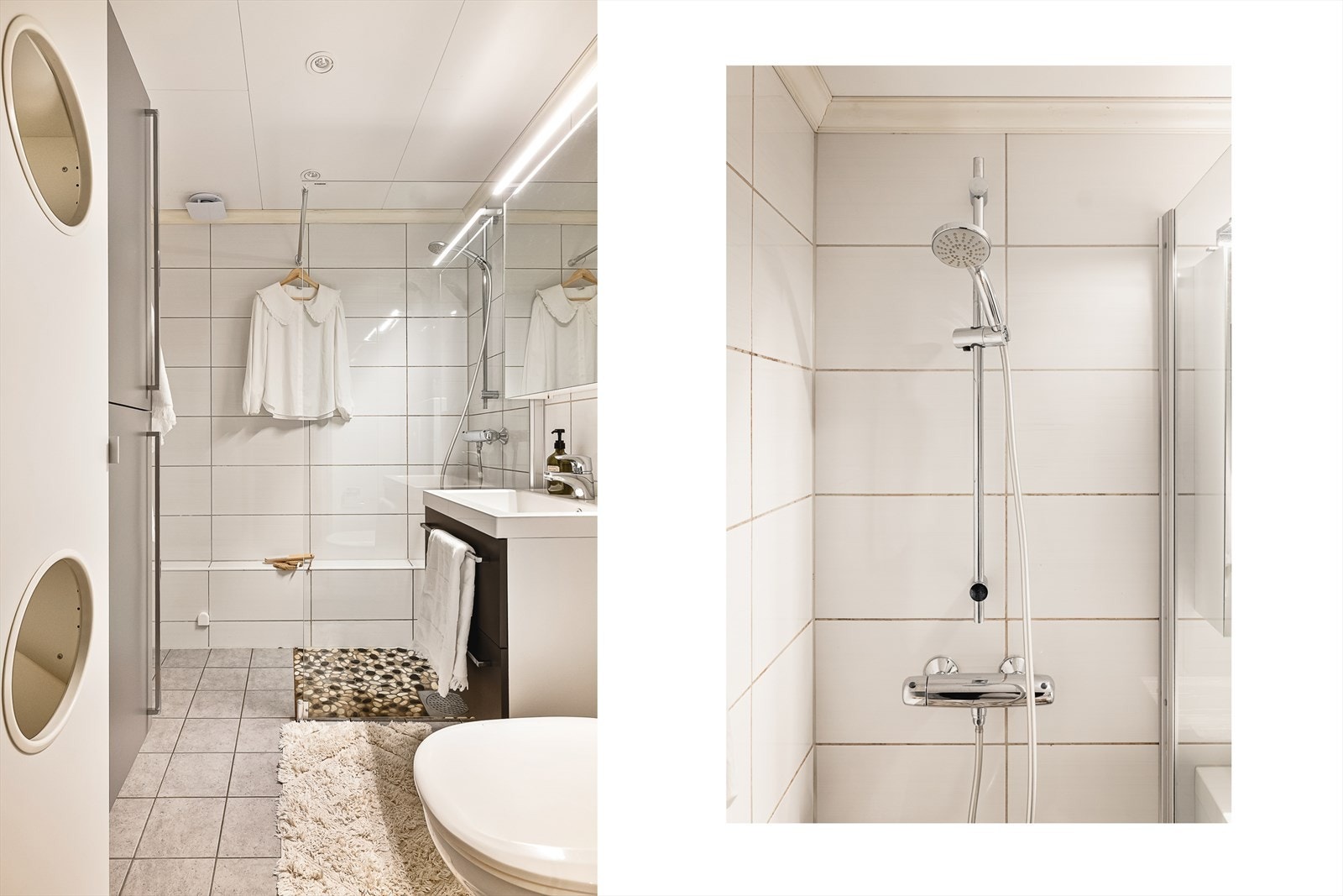 Flott bad renovert i 2013, utført av Gården Rørleggerservice AS. Rommet har keramiske fliser på gulv og vegger, takplater med integrerte LED-spotlights i himling, samt dekorativ rullestein i dusjsonen. Galleribilde