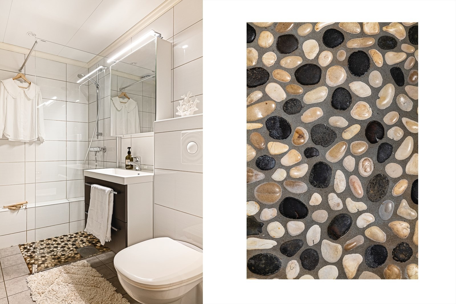 Badet inneholder servant med møblement og speilskap med belysning, vegghengt toalett, dusjvegg i glass og dusjgarnityr. Det er elektrisk avtrekksventil i himling (montert i 2024, arbeidet ble utført av Dr. Elektro AS) og varmekabler i gulv. Galleribilde