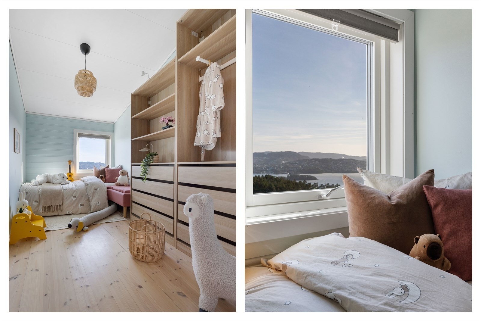 Sjarmerende og stilrent barnerom med god oppbevaringsplass og flott utsikt! Galleribilde