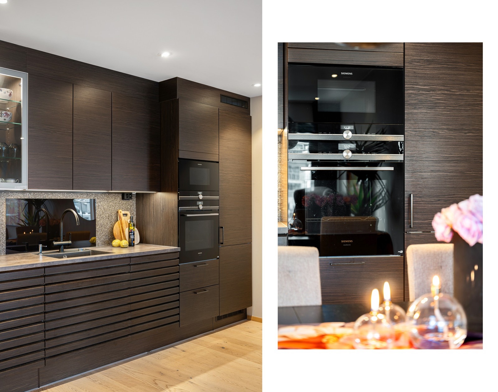 Integrerte hvitevarer fra Siemens inkluderer induksjonstopp, stekeovn, mikroovn, kjøleskap, oppvaskmaskin og vinskap Galleribilde