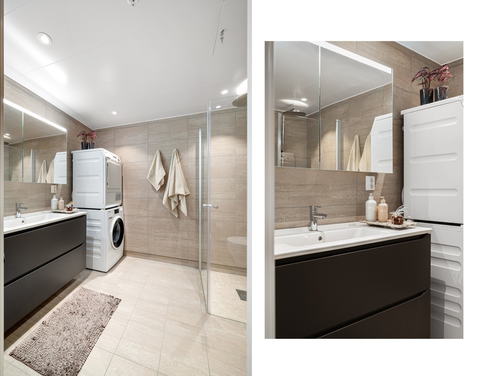 Delikat og moderne bad med servant, toalett, dusj og opplegg for vaskemaskin og tørketrommel, samt flislagt gulv med behagelige varmekabler Galleribilde