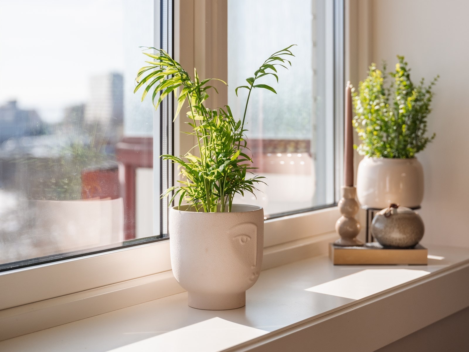 Dype vinduskarmer som gir mulighet for plassering av planter og pynt. Galleribilde