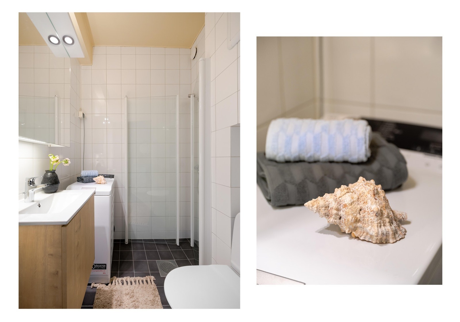 Leiligheten har et pent flislagt bad med varmekabler i gulvet. Galleribilde