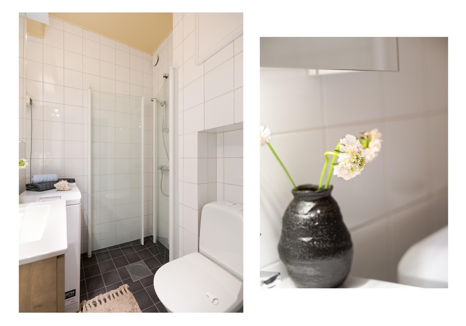 Det er plass og opplegg til vaskemaskin også her, men man kan heller ha den i boden/walk-in-closet hvis man ikke ønsker at den tar opp plass på badet. Galleribilde