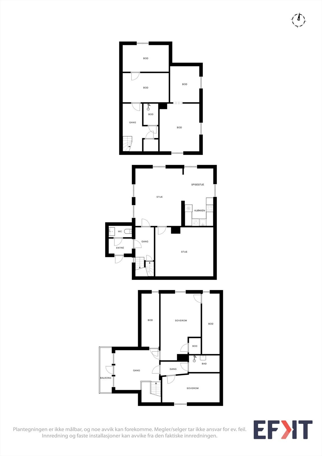 Plantegningene gir en samlet oversikt over boligens tre plan og romfordeling. Galleribilde