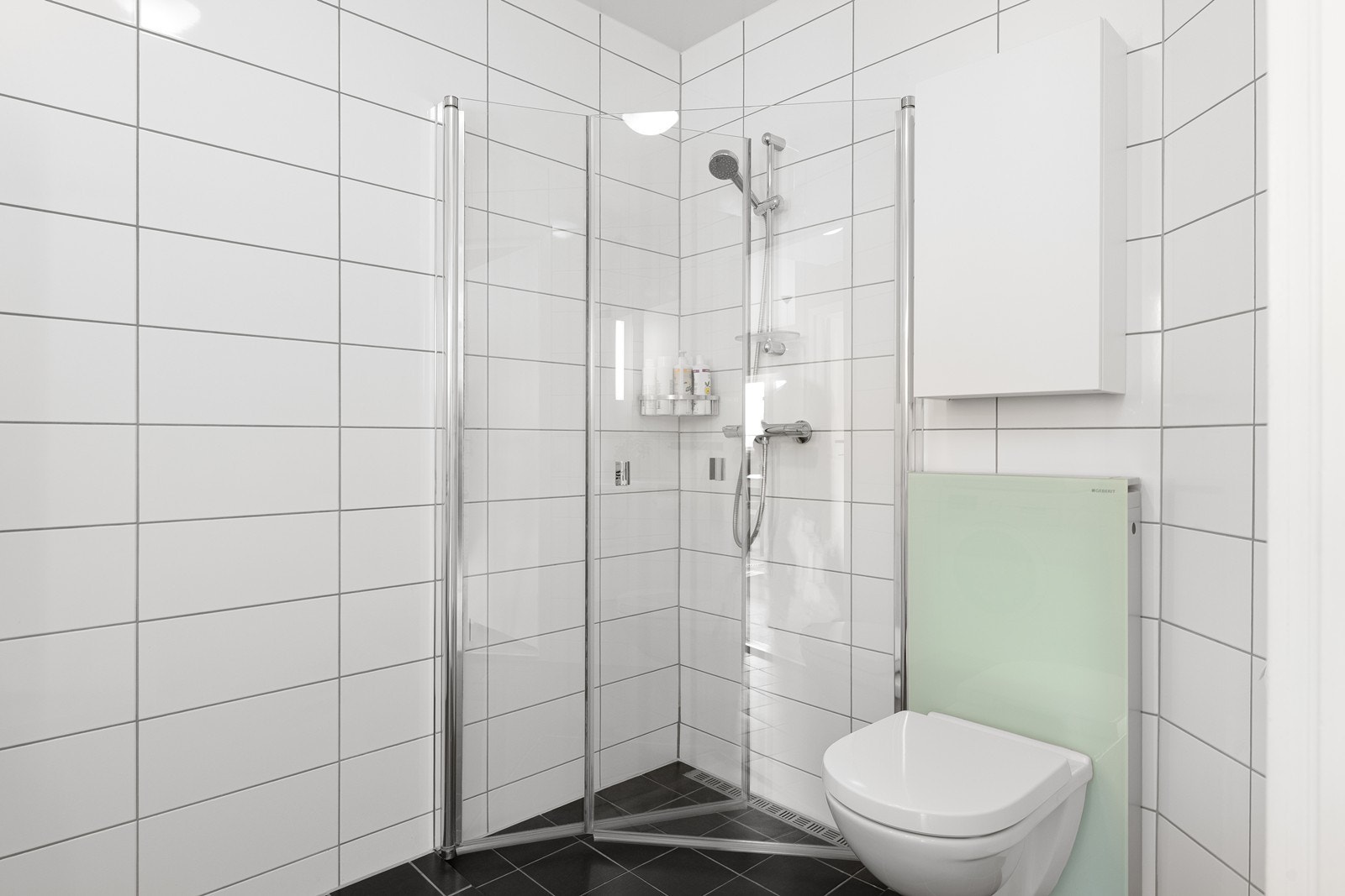 Dusjhjørne med glassvegger og veggmontert toalett gir en effektiv utnyttelse av plassen. Galleribilde