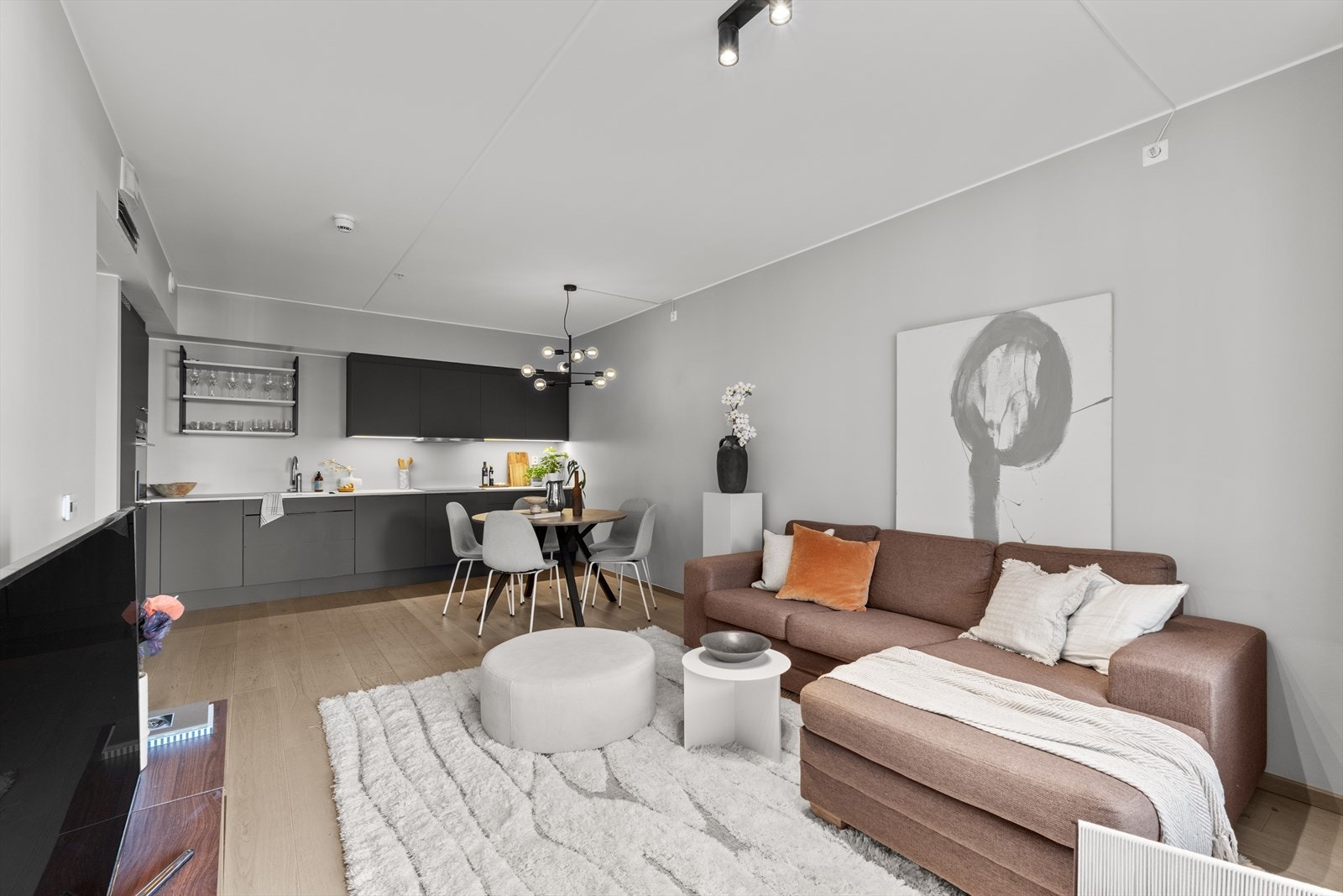 Romløsningen gir god plass til både sofagruppe og en sosial spisegruppe. Galleribilde