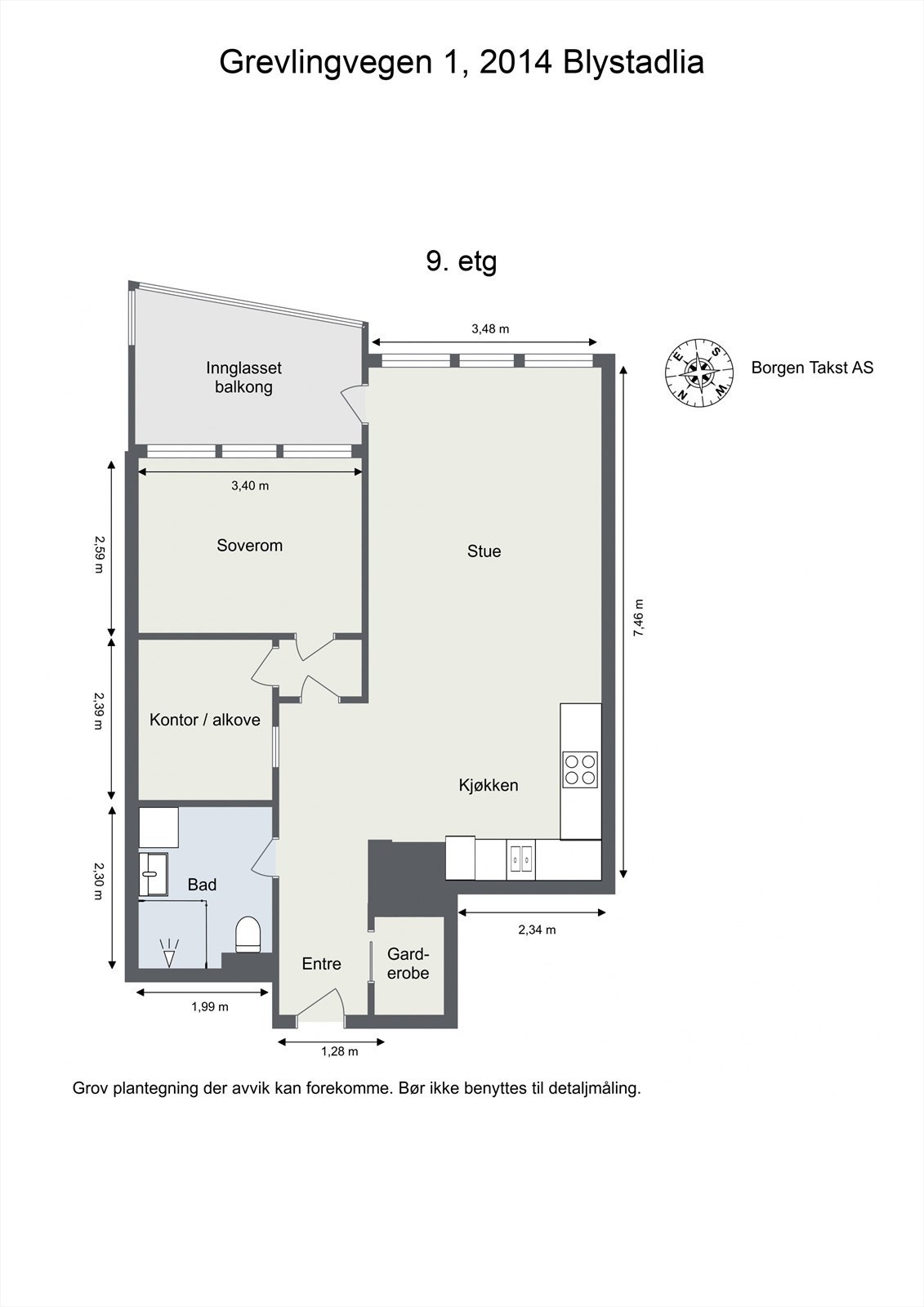 Leiligheten har en arealeffektiv planløsning på 56 m² med entré, bad, soverom, kontor og åpen stue/kjøkkenløsning. Galleribilde