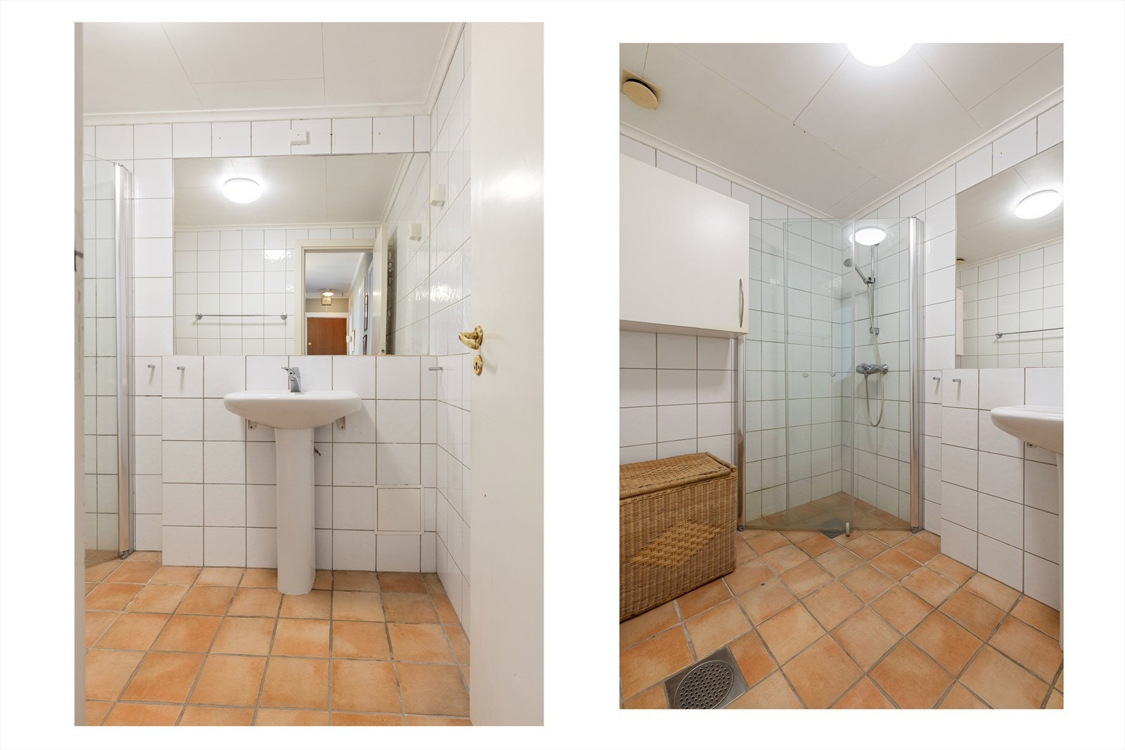 Badet inneholder dusjhjørne med innfellbare dusjdører og servant med ettgrepsblandebatteri. Galleribilde