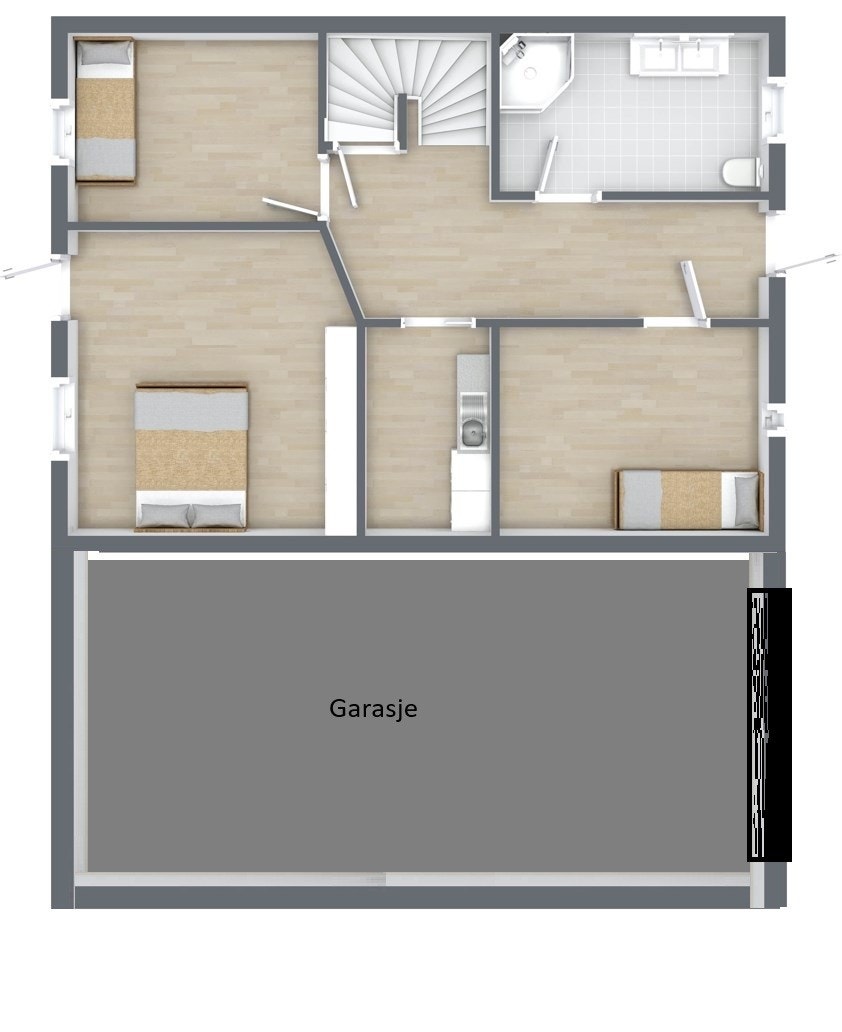 Første etasje med inntegnet garasje. Ikke målbar. Galleribilde