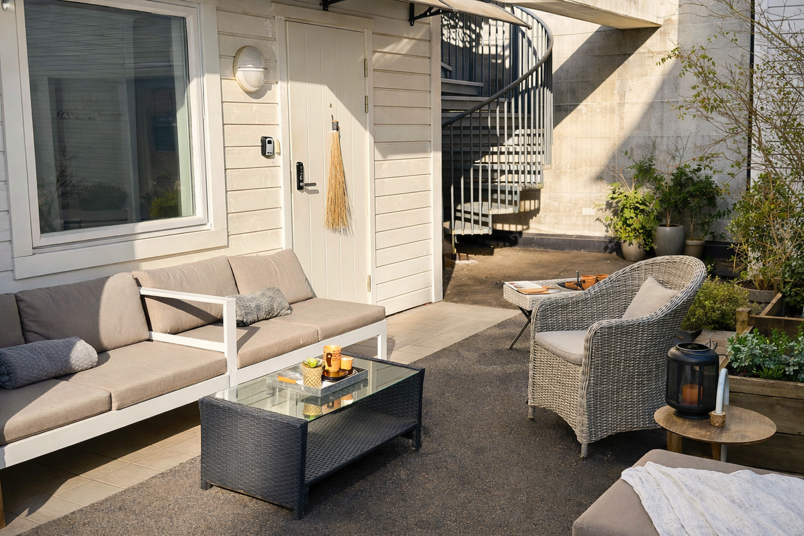 Leilgheten har også egen uteplass ved inngangsparti i felles atrium. Her er det også fin morgen og formiddagssol Galleribilde