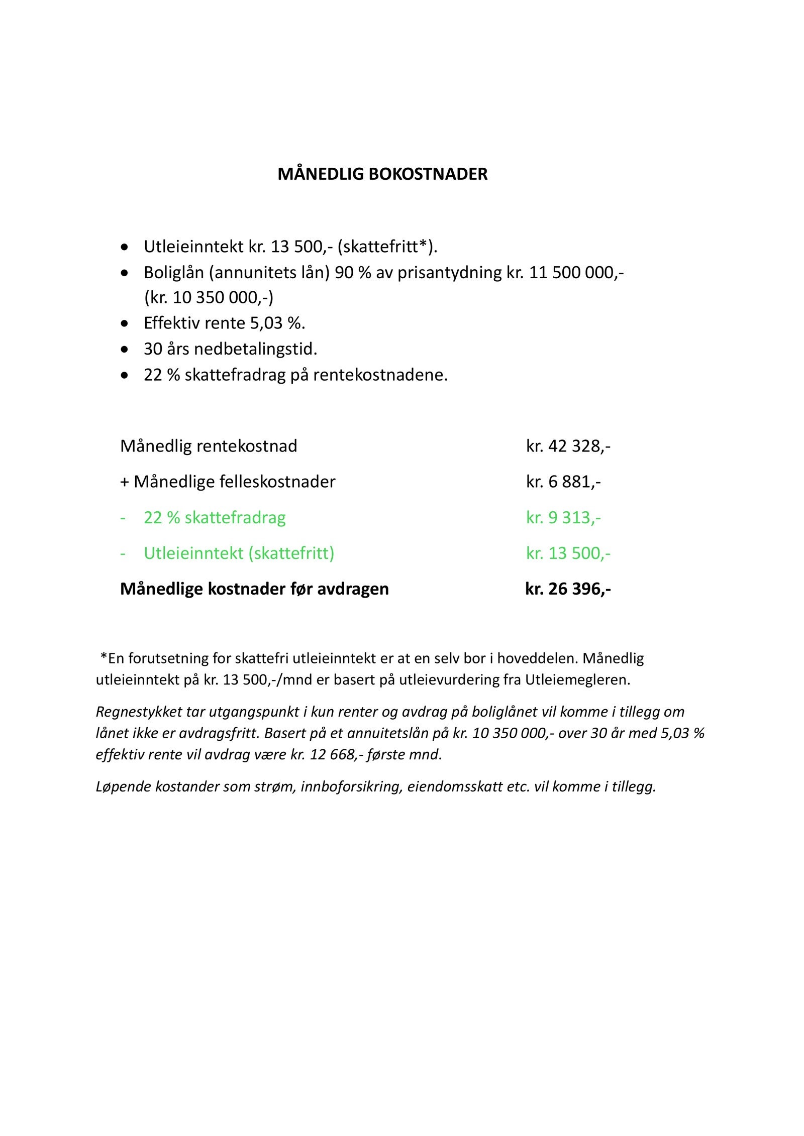 Utregning på ca. boutgifter ved kjøp til prisantydning og utleie av hybelen. Galleribilde