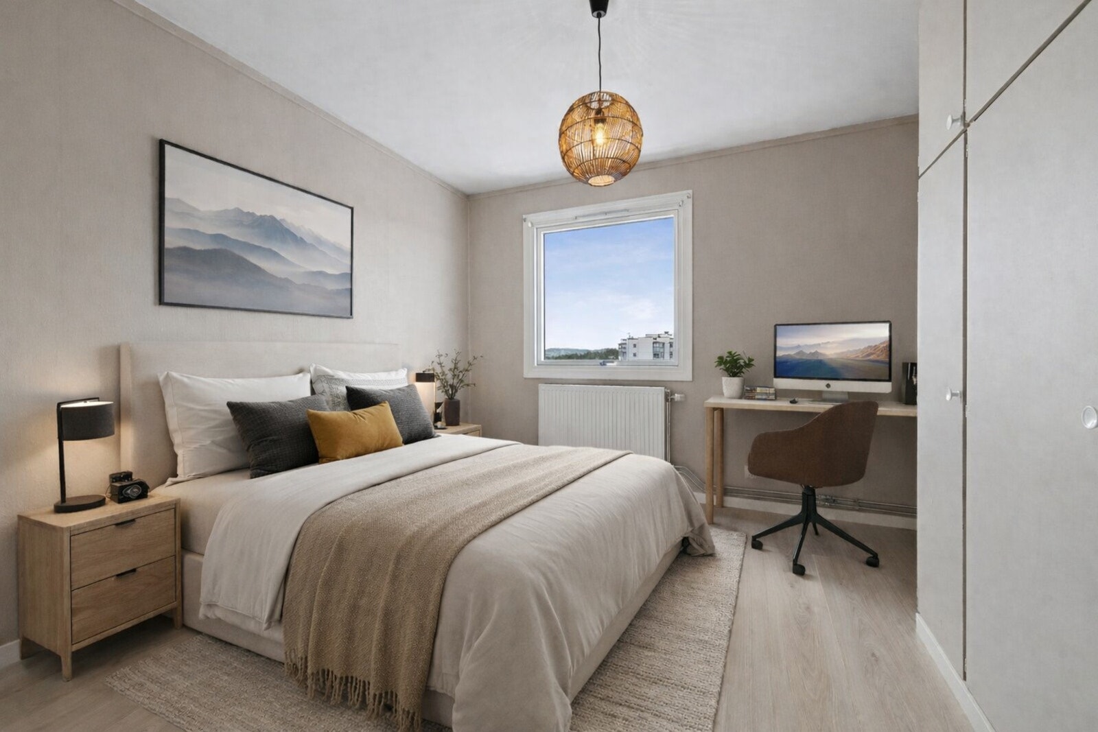 Hovedsoverommet er av god størrelse og har rikelig med skapplass - perfekt for en ryddig hverdag. (Digitalt stylet) Galleribilde