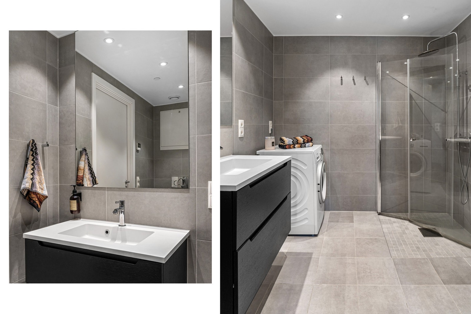 Lekkert flislagt baderom ved entréen. Vannbåren gulvvarme. Galleribilde