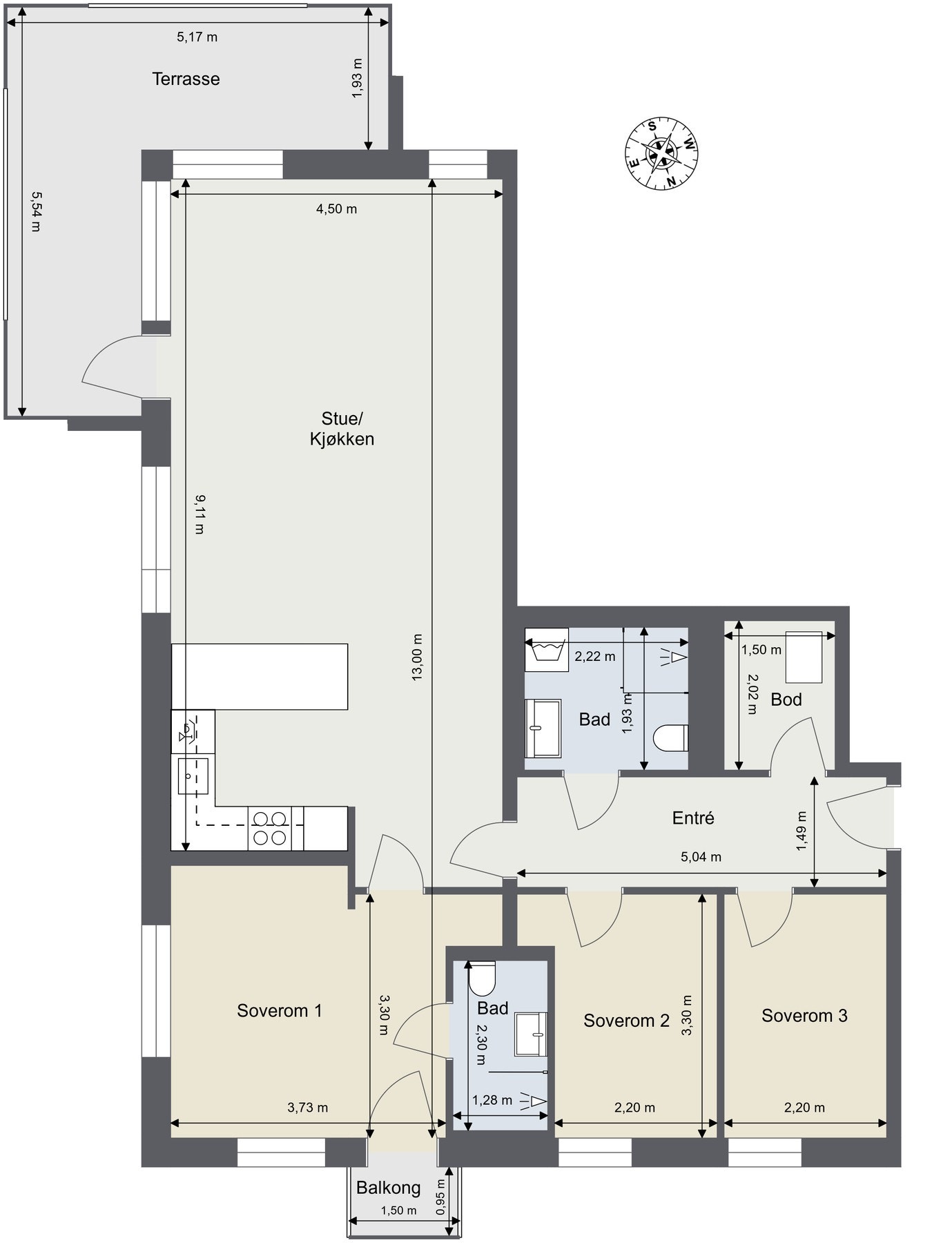 Plantegning. Familievennlig planløsning med 3 soverom og 2 bad - ett tilknyttet master soverom. 2 balkonger. Skissen er kun ment som illustrasjon og avvik kan forekomme. Galleribilde