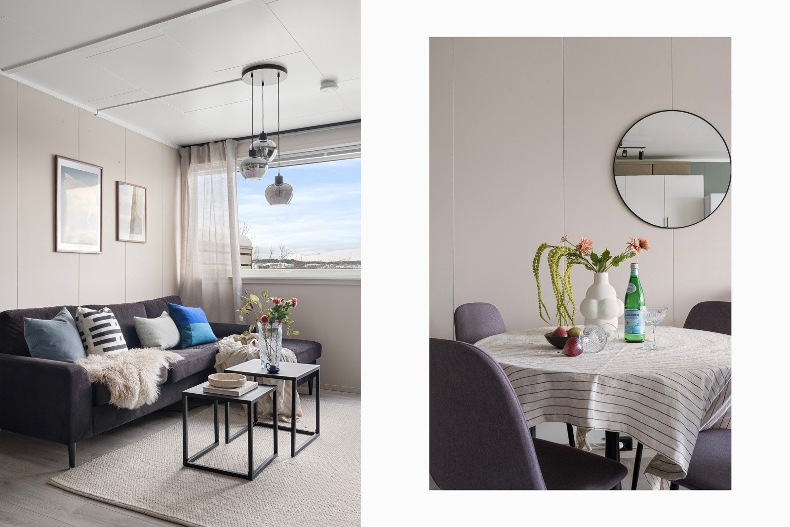 Lys og fin stue med malte veggoverflater og laminatgulv