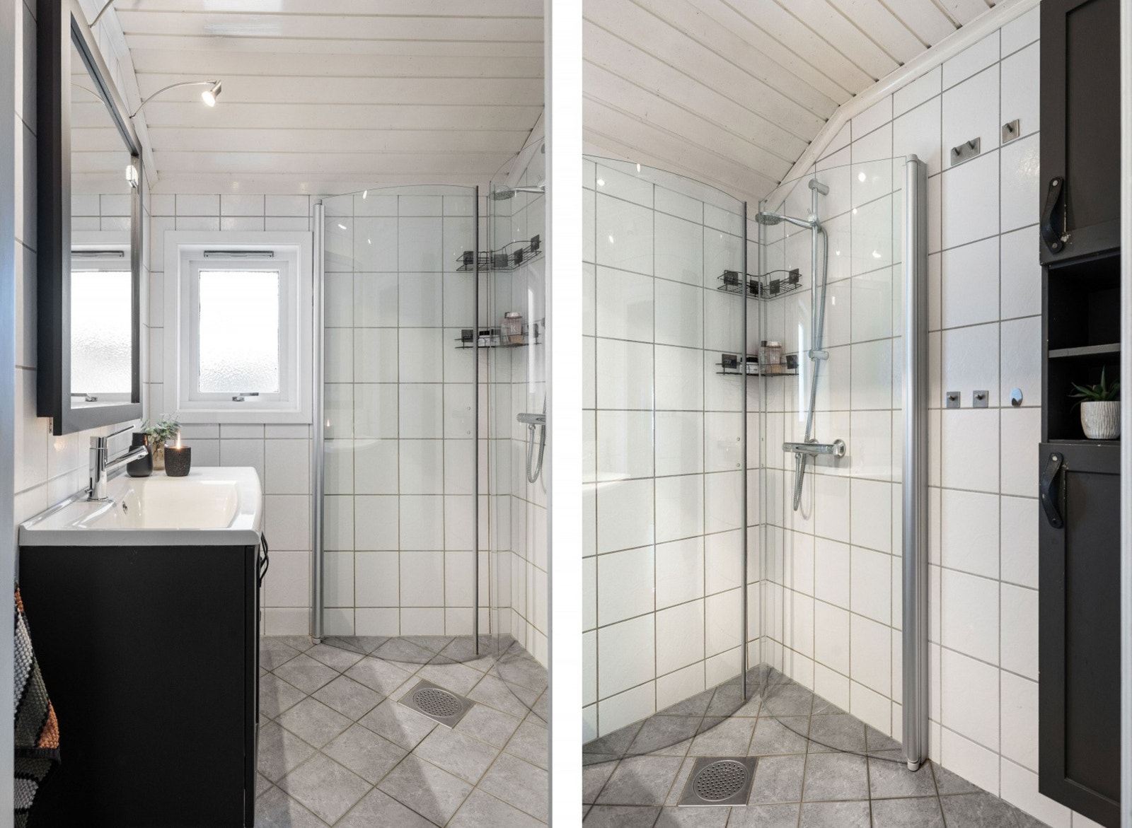 Badet er pent flislagt og innredet med servant og dusjkabinett. Galleribilde