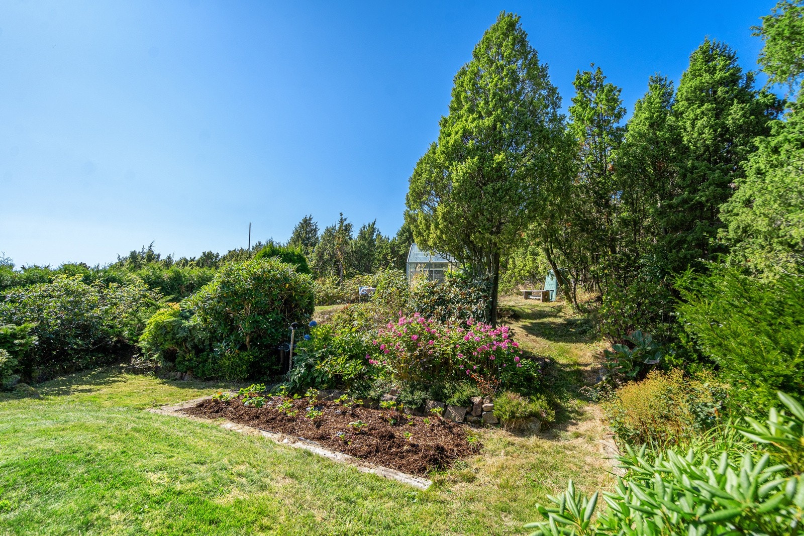 Eiendommen har en stor og frodig hage. Her kan man dyrke egne grønnsaker, eller nyte gode solforhold med hele familien Galleribilde