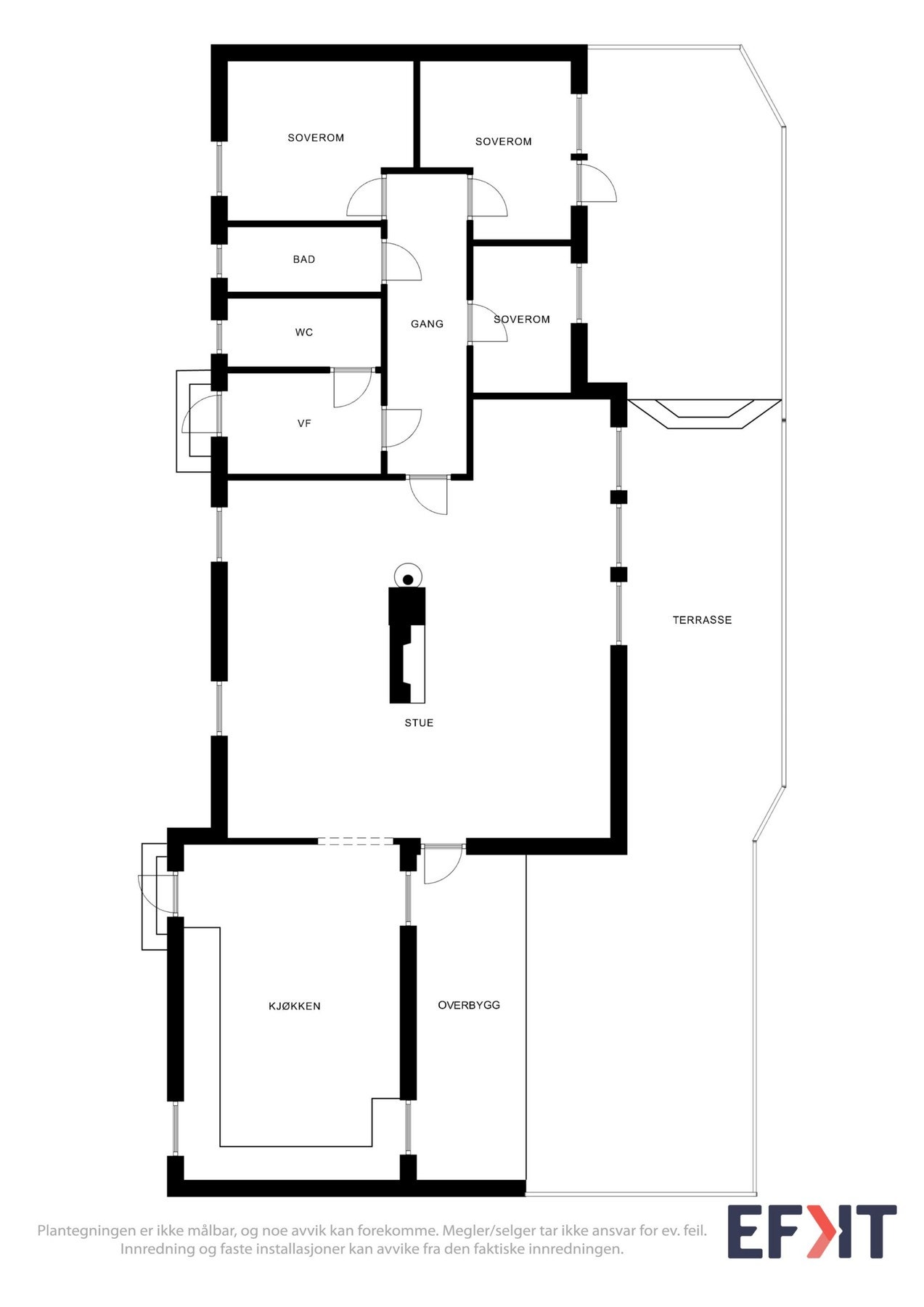 Plantegning slik eiendommen er rominndelt pr i dag. Plantegningen er ikke målbar og avvik kan forekomme. Galleribilde