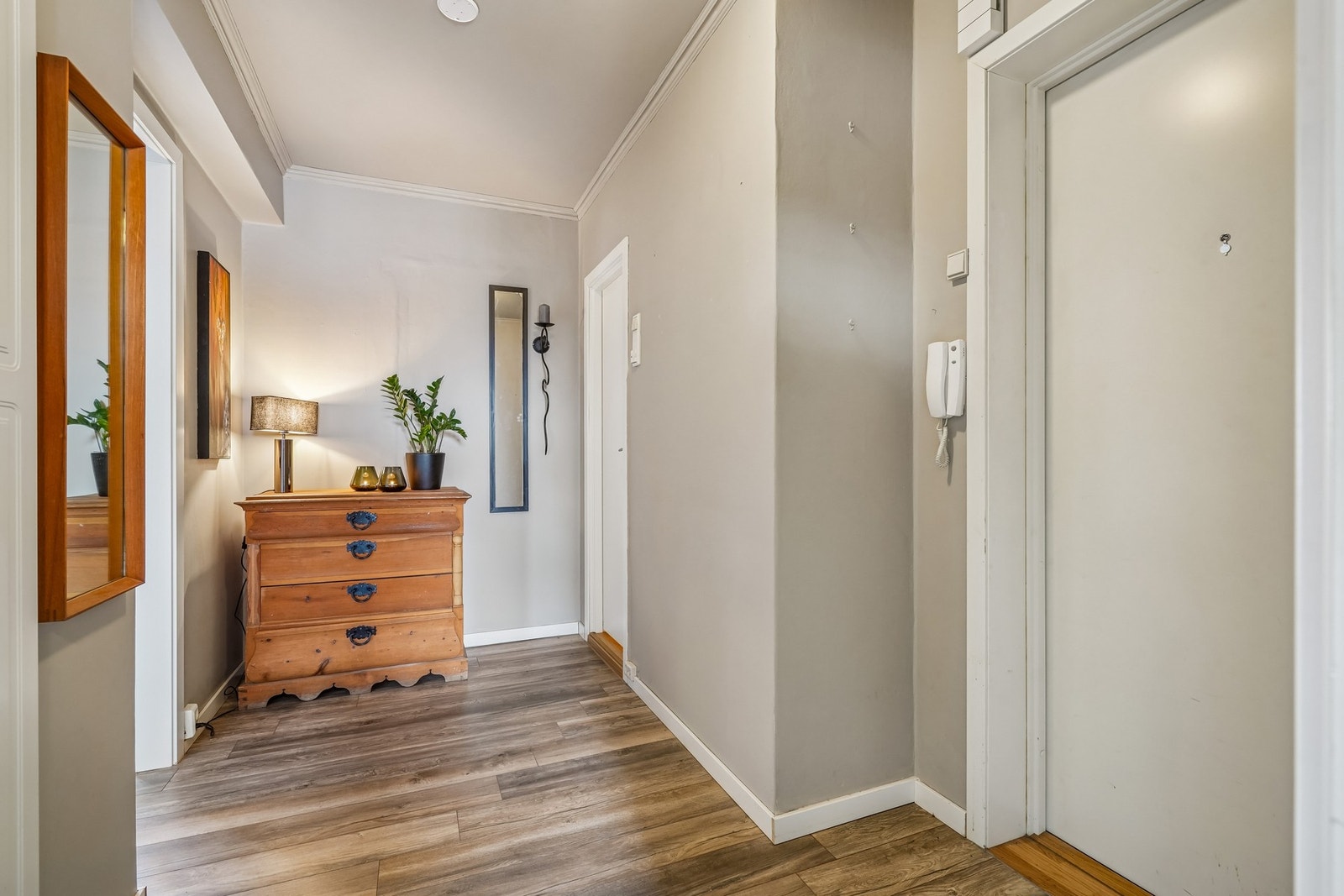 Gang og entré. Det er montert porttelefon. Brann og lydklassifisert ytterdør. Galleribilde