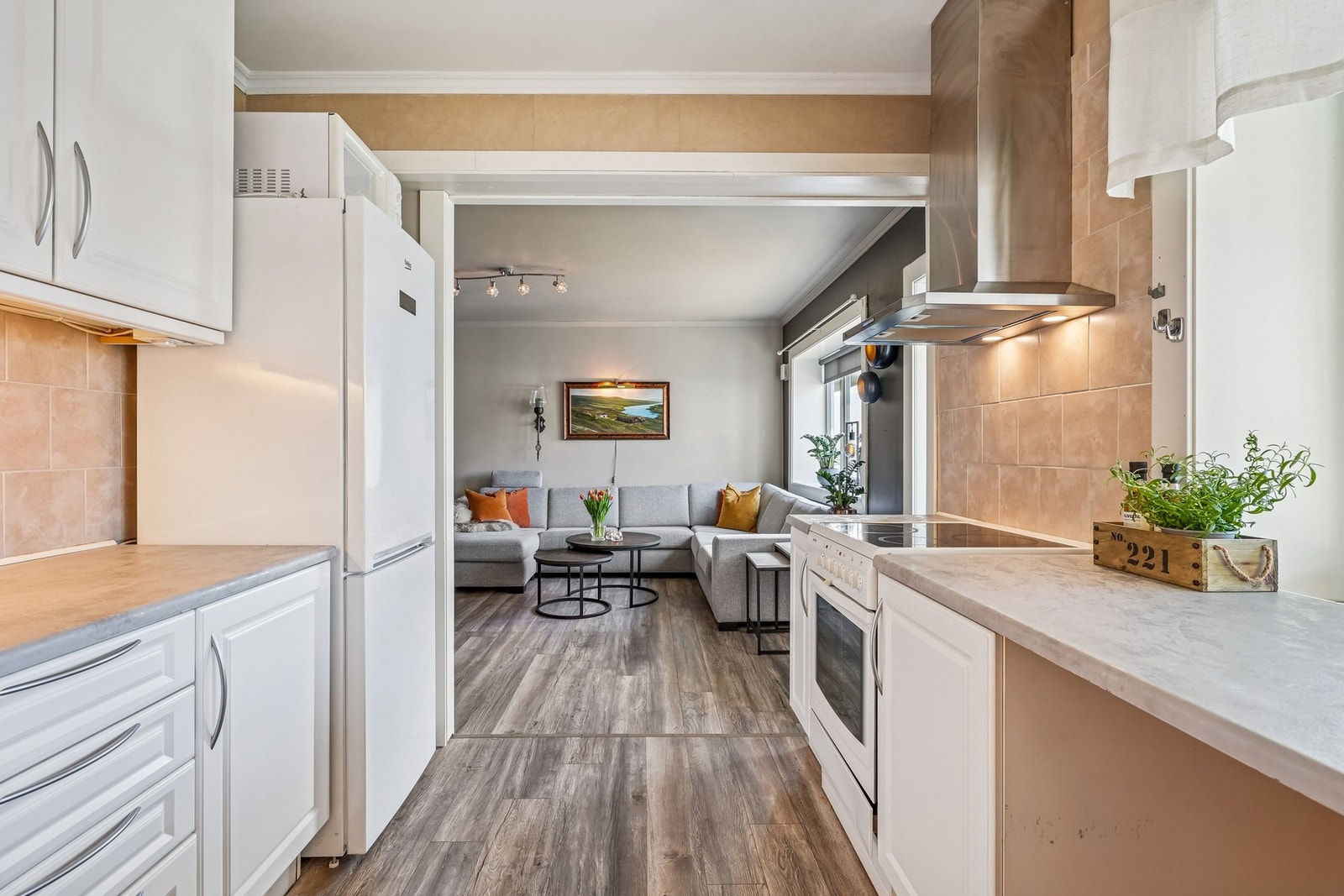 Utvidelse av vegg mellom stue og kjøkken i 2024. Kjøkkenventilator med avtrekk ut fra 2025. Galleribilde