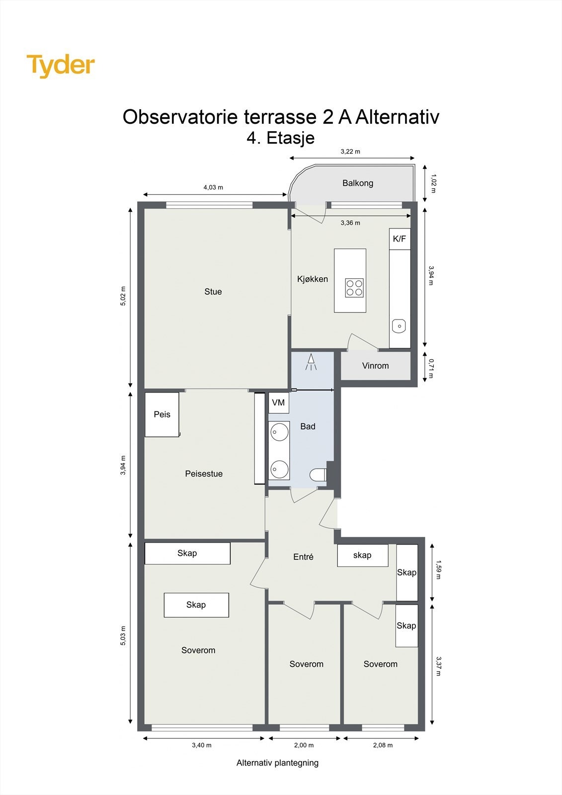 Alternativ planløsning med ekstra soverom ved å flytte kjøkkenet ut i stuen. Galleribilde