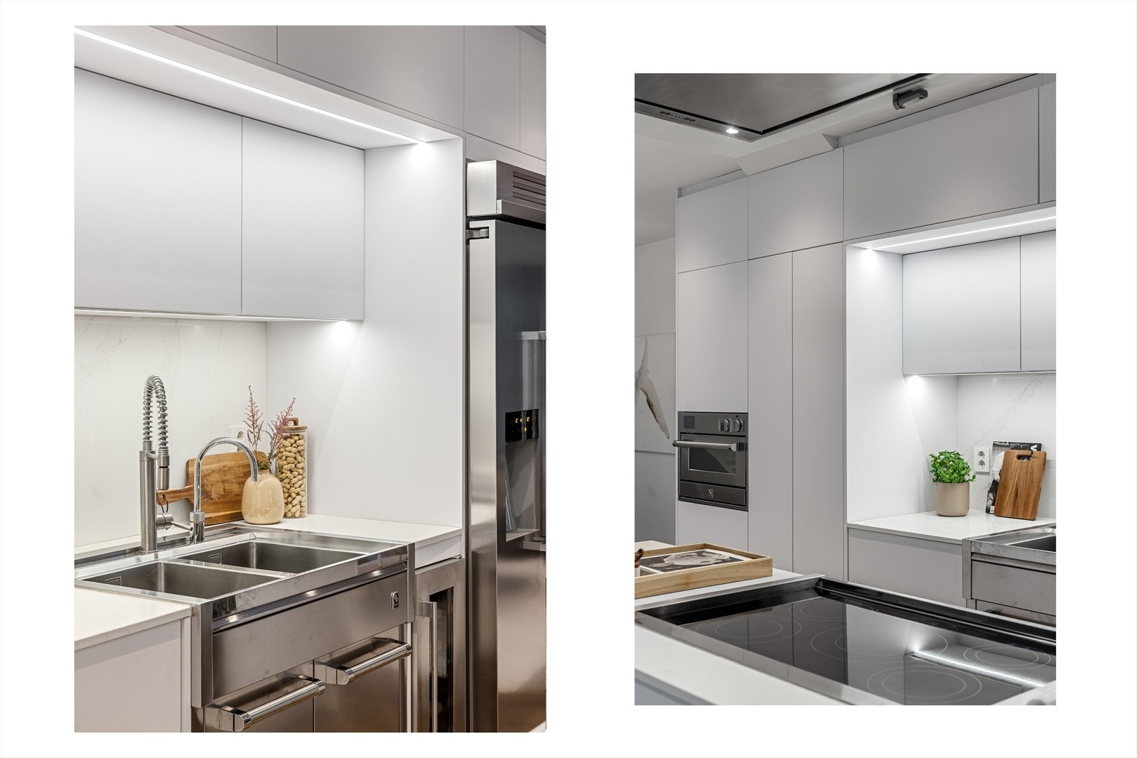 Hvitevarer av høy kvalitet fra italienske Steel Cucine (2017) med kjøleskap, integrert pizzaovn, vinskap, kullfiltervifte og oppvaskmaskin. Galleribilde