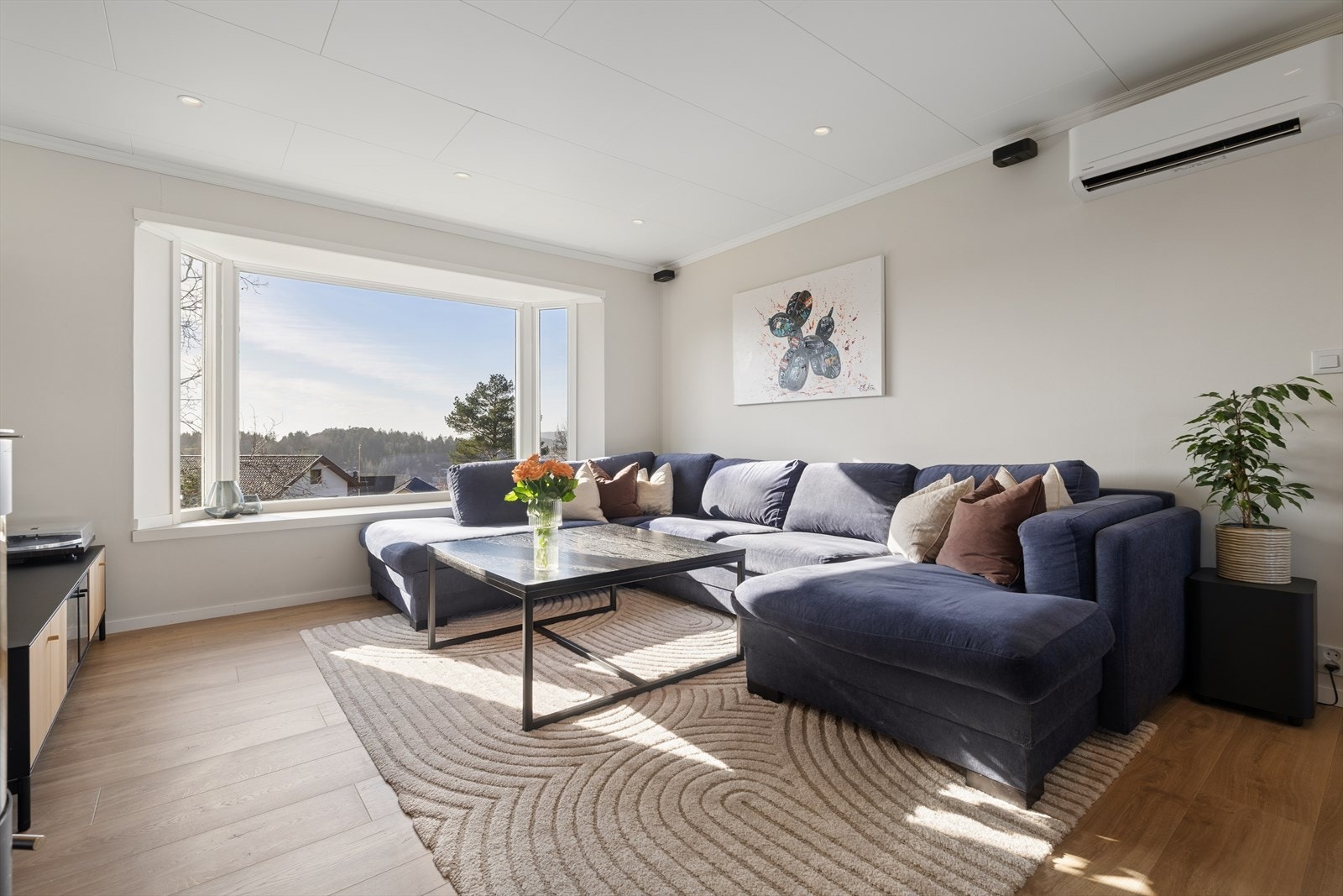 Her er det god plass til en stor sofagruppe. Det er også montert en luft til luft varmepumpe. Galleribilde