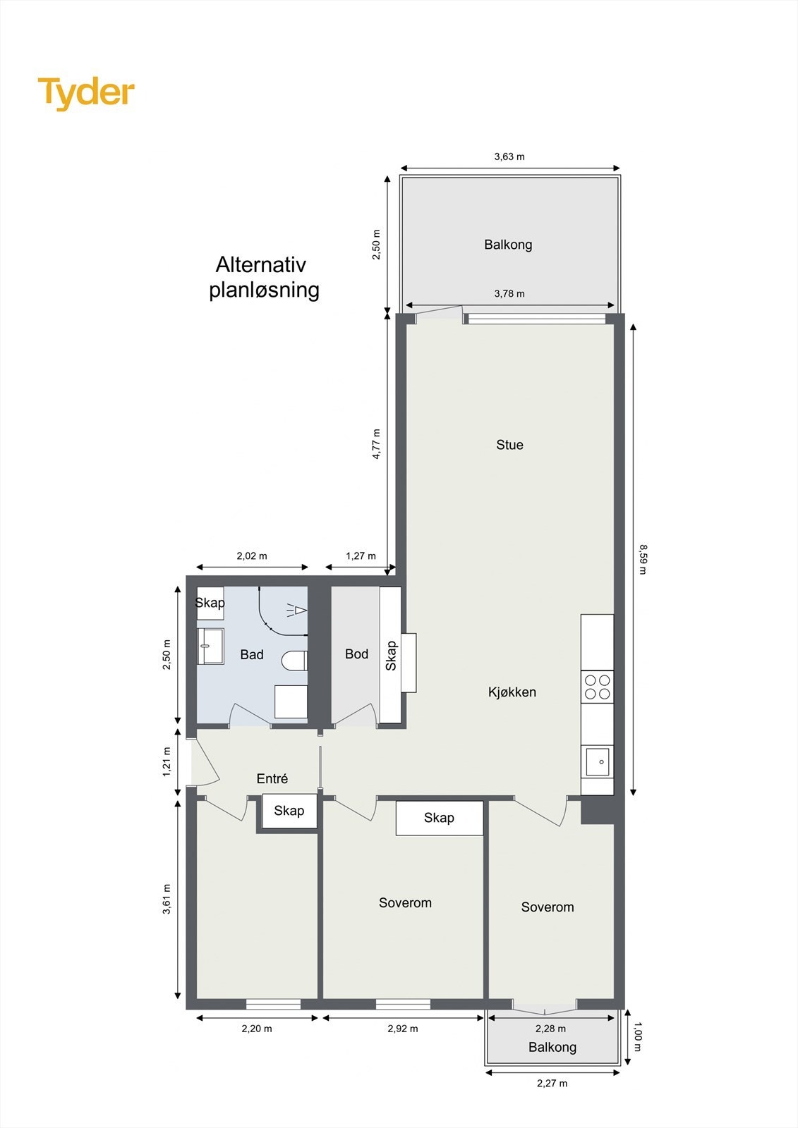 Alternativ plantegning med 3 soverom.
Plantegningen er utarbeidet som en illustrasjon. Det er ikke vurdert om løsningen lar seg gjennomføre teknisk eller i henhold til gjeldene regelverk, og endringer kan derfor vise seg å ikke være mulige. Galleribilde