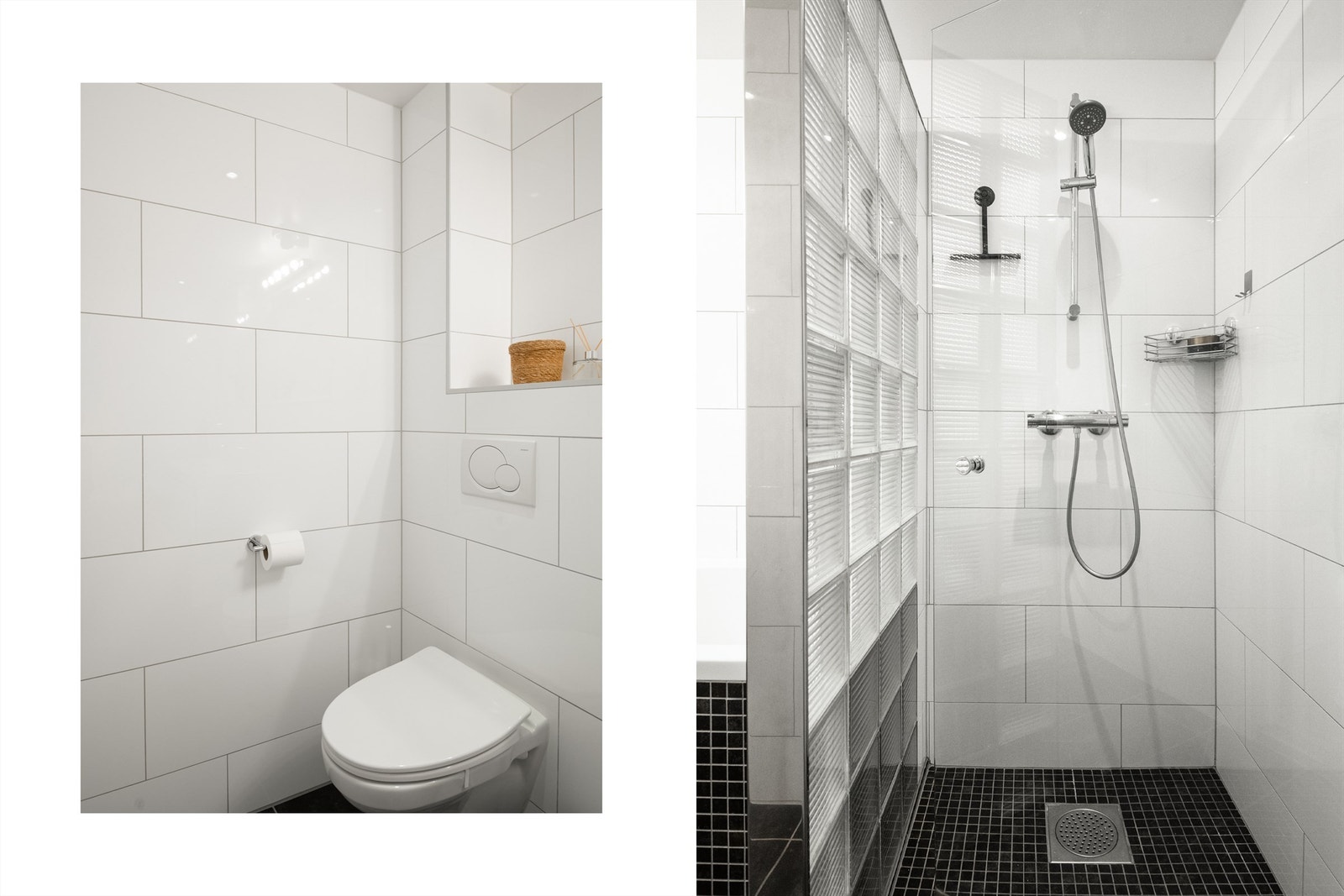 Badet har vegghengt toalett og flislagte overflater. Galleribilde