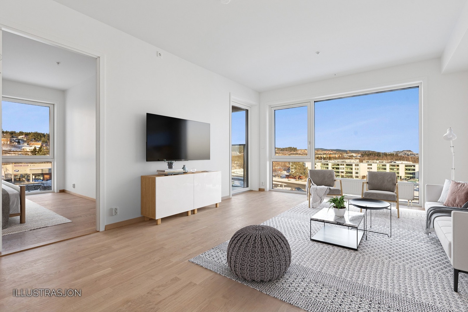 Flott ustsikt fra stue/kjøkken. Tidløst kjøkken med integrerte hvitevarer. Virtuell møblering. Galleribilde