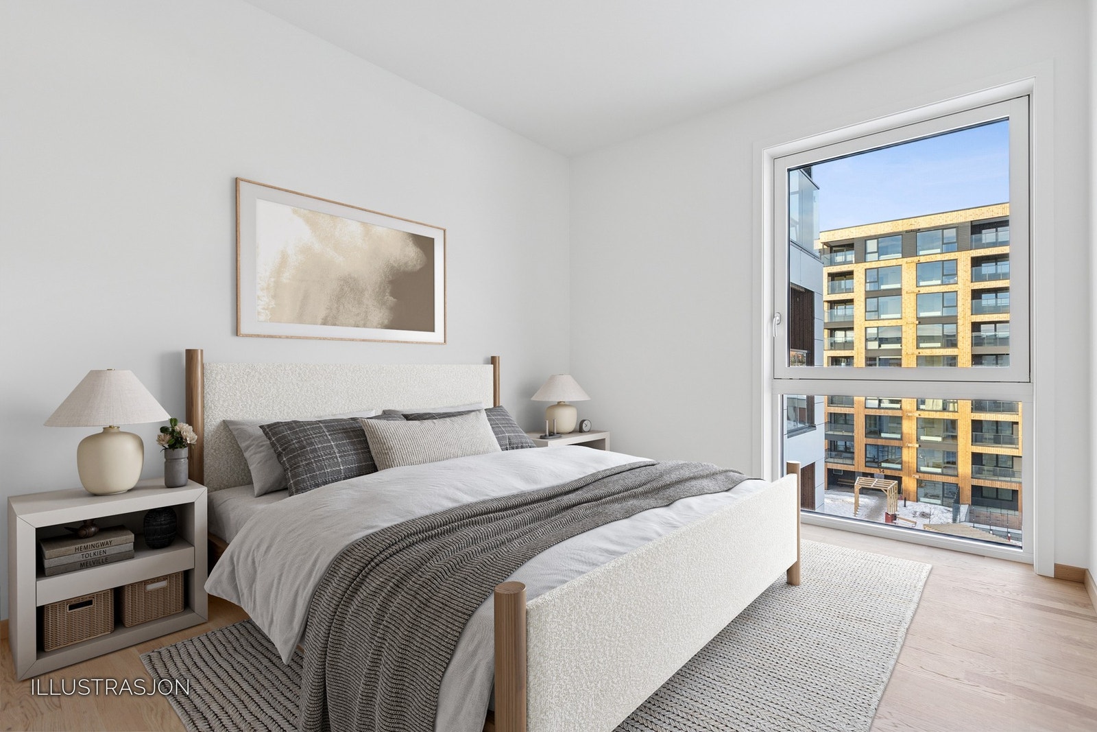 Hovedsoverommet er på ca. 9,5 kvm og har god plass til dobbeltseng og ønsket garderobeløsning. Bilde fra annen leilighet i bygget. Galleribilde