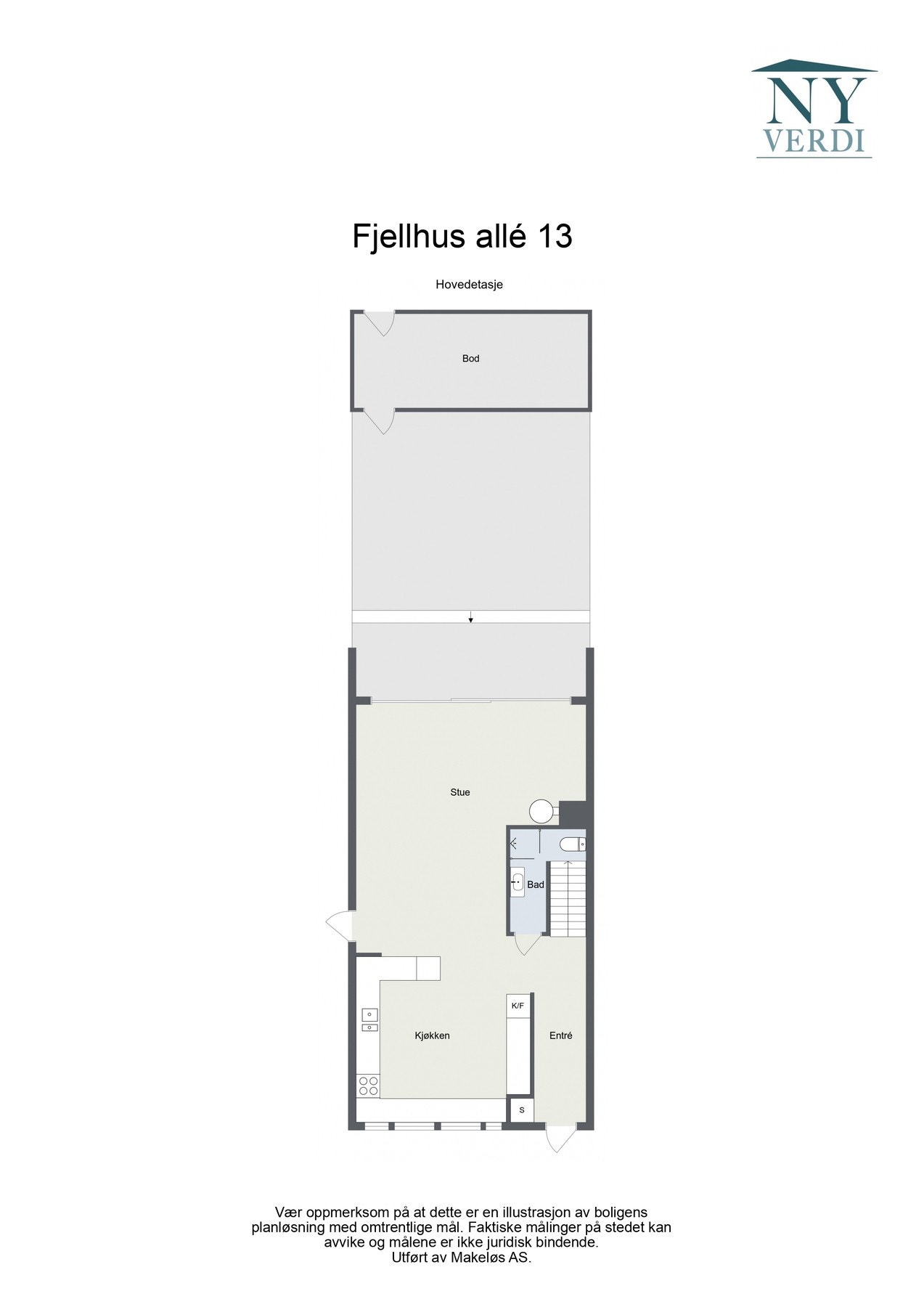 Første etasje utgjør ca. 60 kvm og inneholder blant annet utgang til en romslig balkong på ca. 20 kvm. I tillegg medfølger en isolert utebod på ca. 12 kvm. Galleribilde