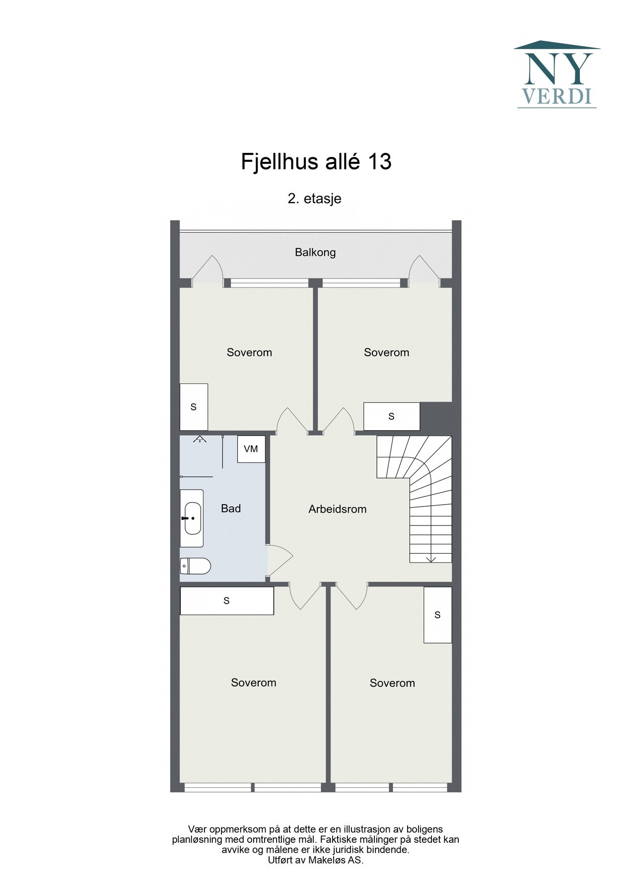 Andre etasje utgjør ca. 60 kvm og har utgang til balkong på ca. 5 kvm fra soverom. Galleribilde