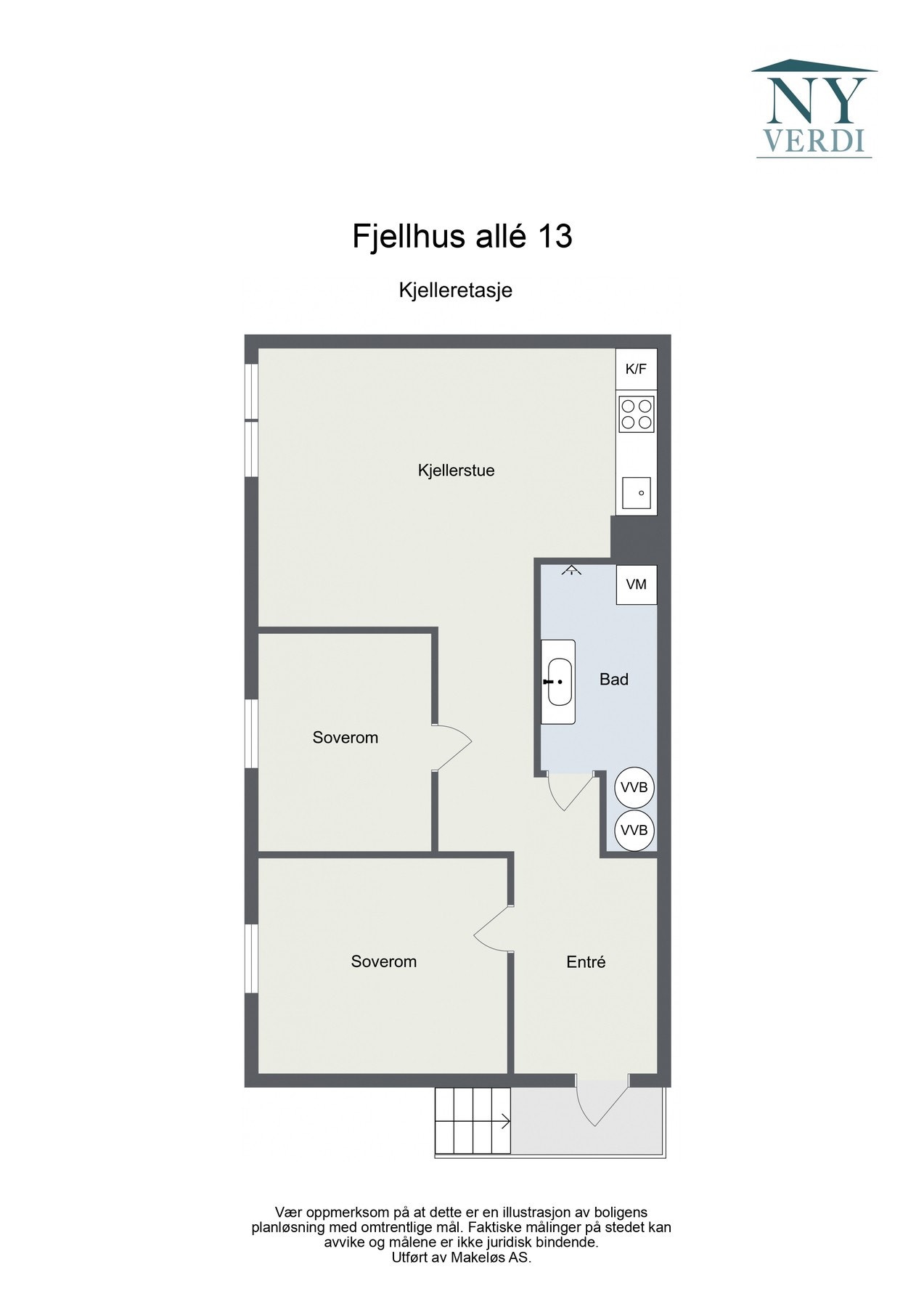 Kjelleretasjen utgjør ca. 58 kvm. Det ene rommet i kjelleren innredet som bod/soverom er ikke godkjent for varig opphold Galleribilde