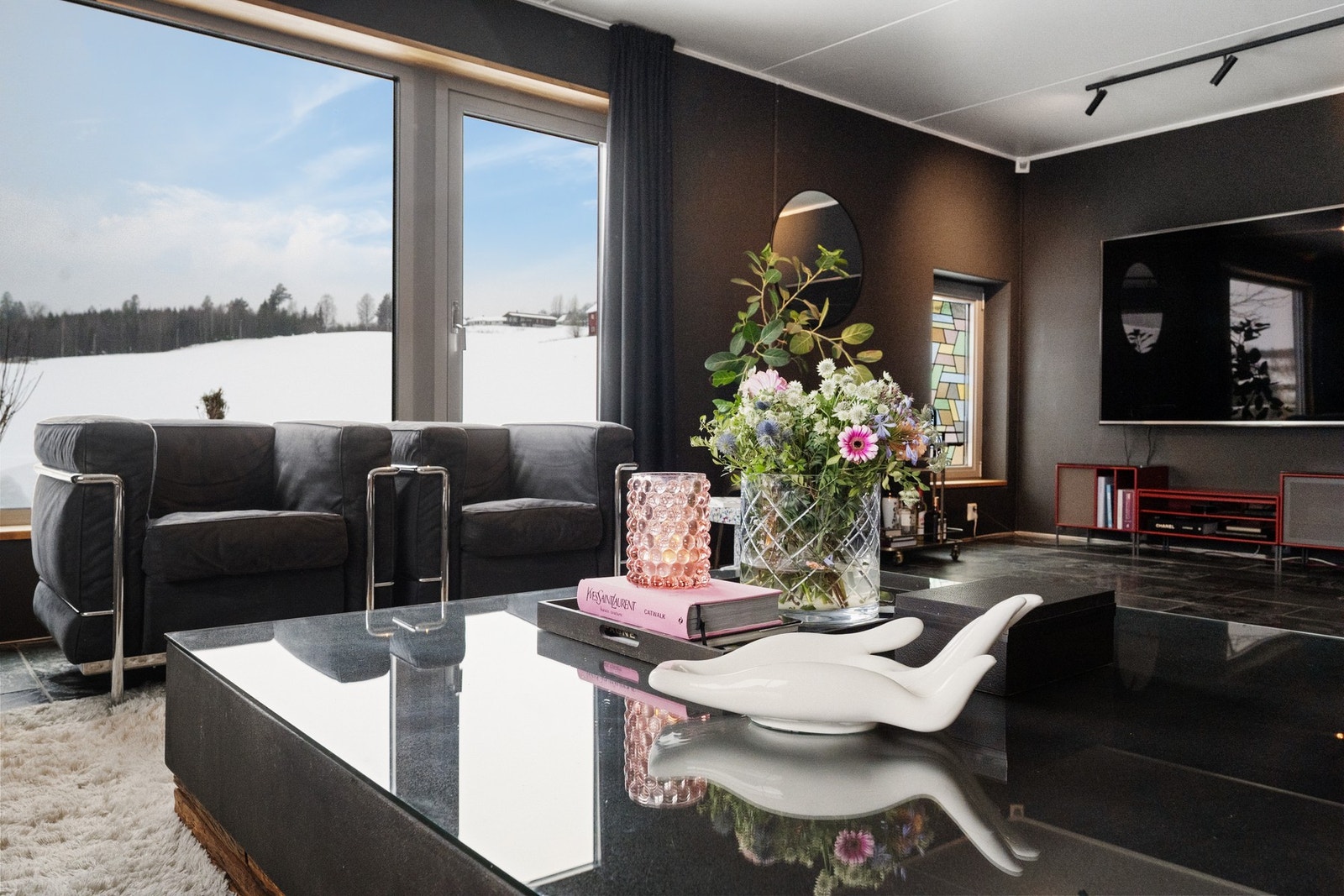 Flott utsikt fra stuen til Sogstadjordet og skiløype. Galleribilde