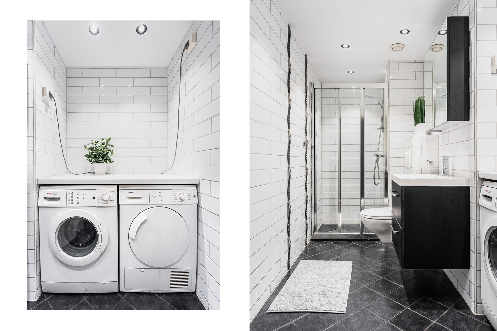 Badet har flislagte overflater og er utstyrt med blant annet dusjnisje med skyvedører i glass og opplegg for både vaskemaskin og tørketrommel. Galleribilde