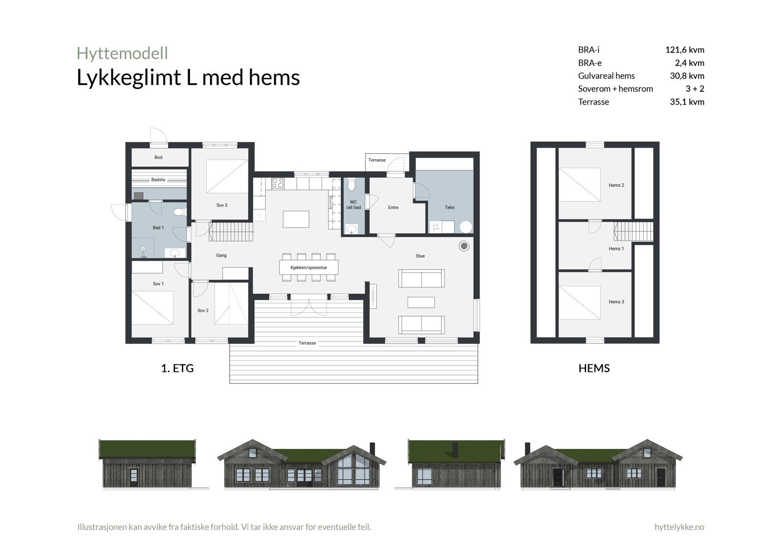 Plantegning - Lykkeglimt L har mulighet for hems som tilvalg som gjør den enda mer innholdsrik og gir hemsen et gulvareal på 30,8kvm Galleribilde