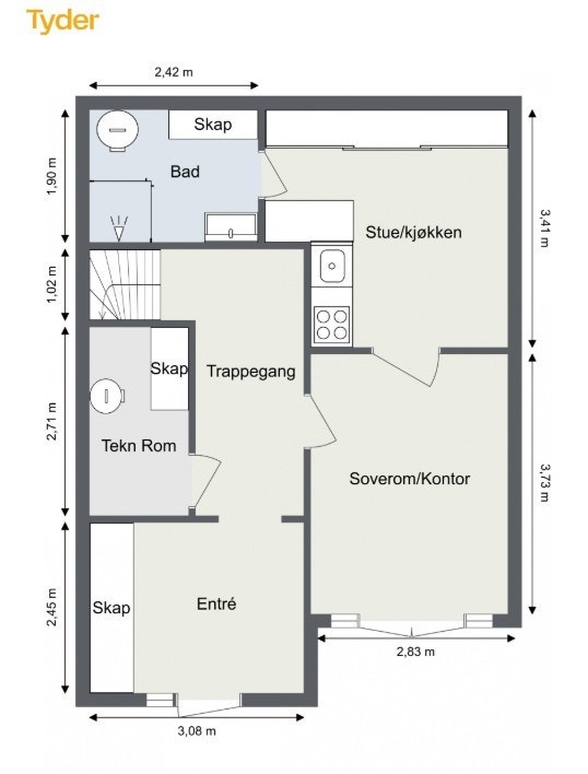 Alternativ planskisse som viser en mulig hybelløsning med egen inngang fra terrassen Galleribilde
