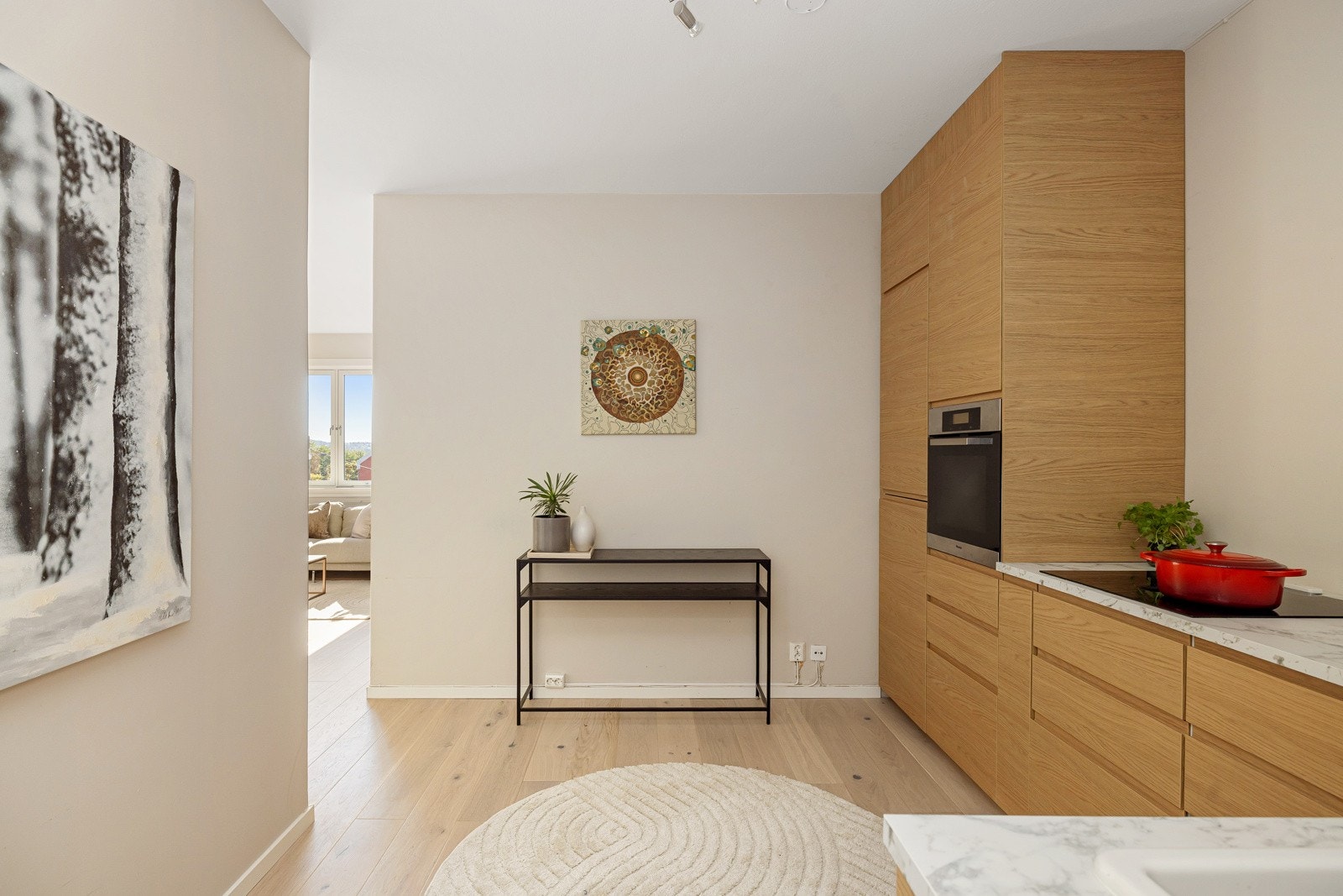 Medfølgende integrerte hvitevarer som nedfelt induksjonstopp med integrert ventilator, stekeovn i høyskap, oppvaskmaskin og kjøleskap med frysedel. Det Galleribilde