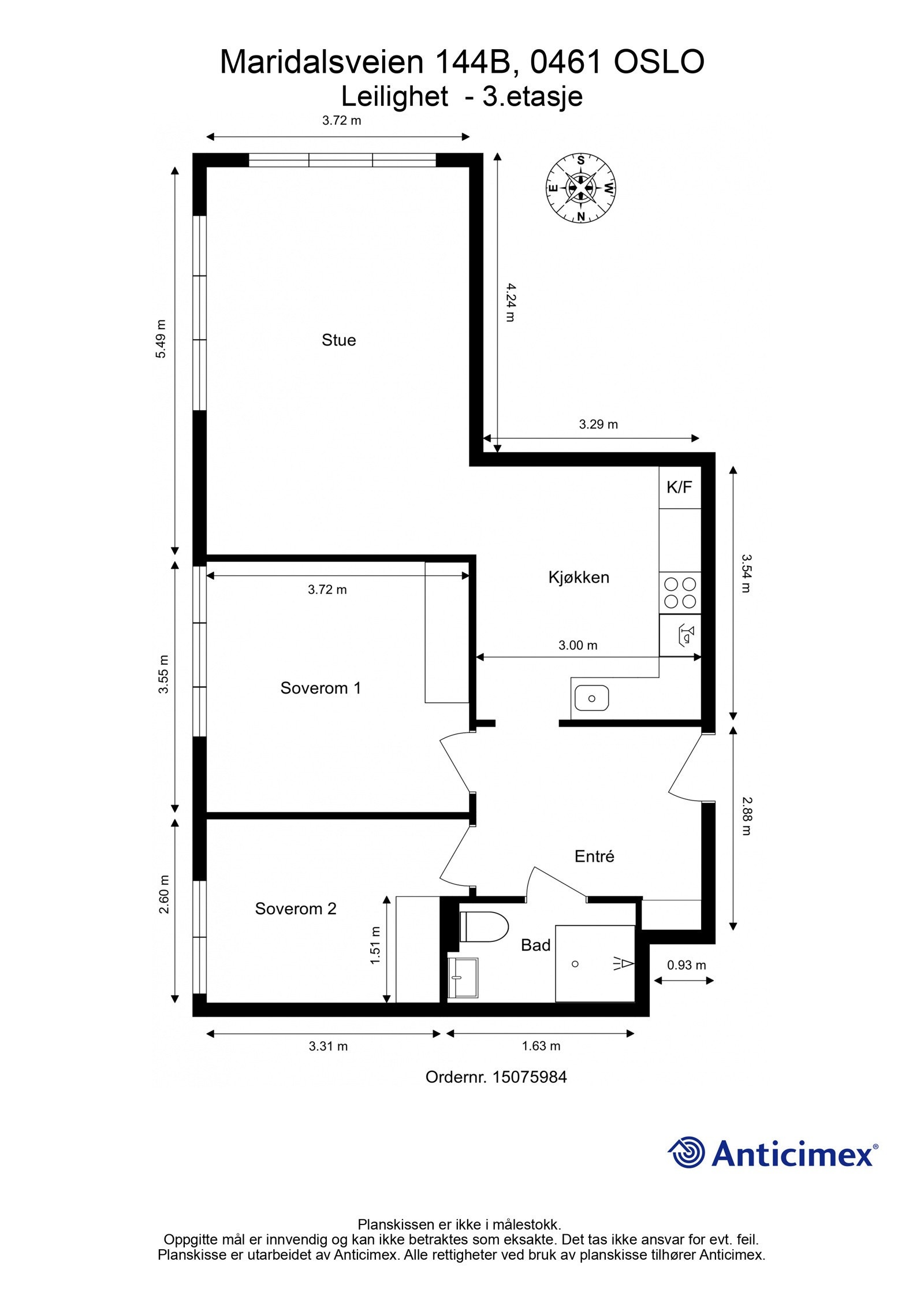 Plantegning 3. etasje. I tillegg disponerer leiligheten en kjellerbod på ca. 3m². Galleribilde