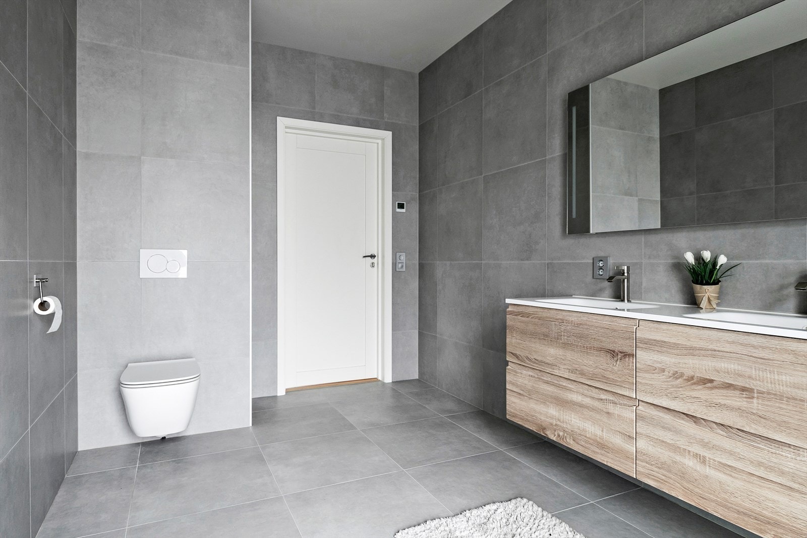 Dobbel servant med innredning, speil, vegghengt toalett, og dusjnisje Galleribilde