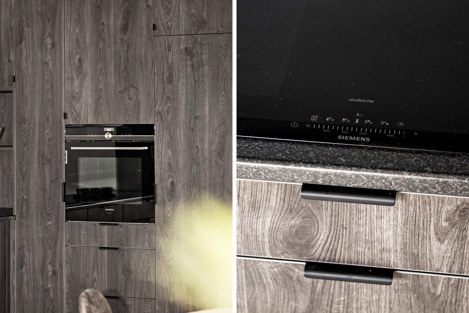 Det er kjøleskap, oppvaskmaskin, induksjons topp, vinskap og stekeovn integrert i innredningen Galleribilde