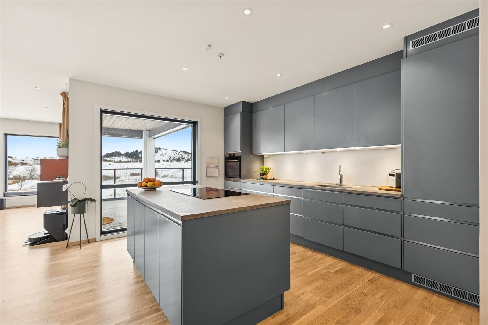 Kjøkkenet har kjøl/fryseskap, oppvaskmaskin, induksjonstopp, stekeovn og komfyrvakt. Galleribilde