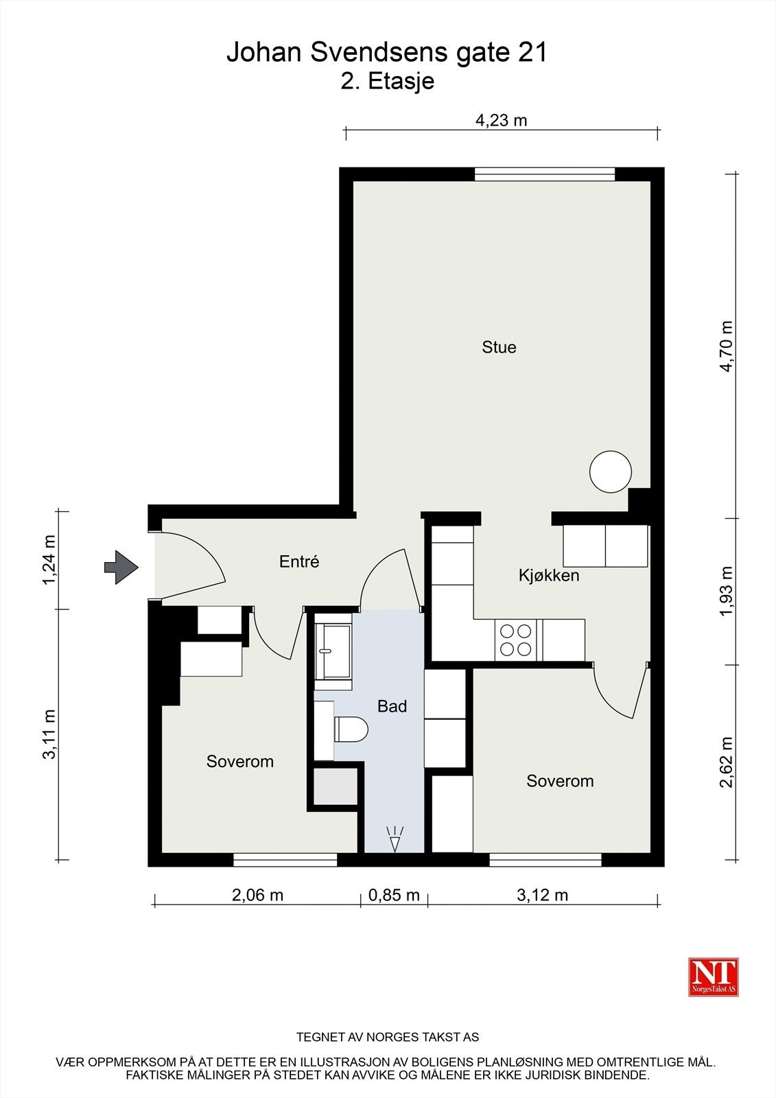 Leiligheten har en arealeffektiv planløsning med entré, to soverom, bad, stue og kjøkken. Galleribilde