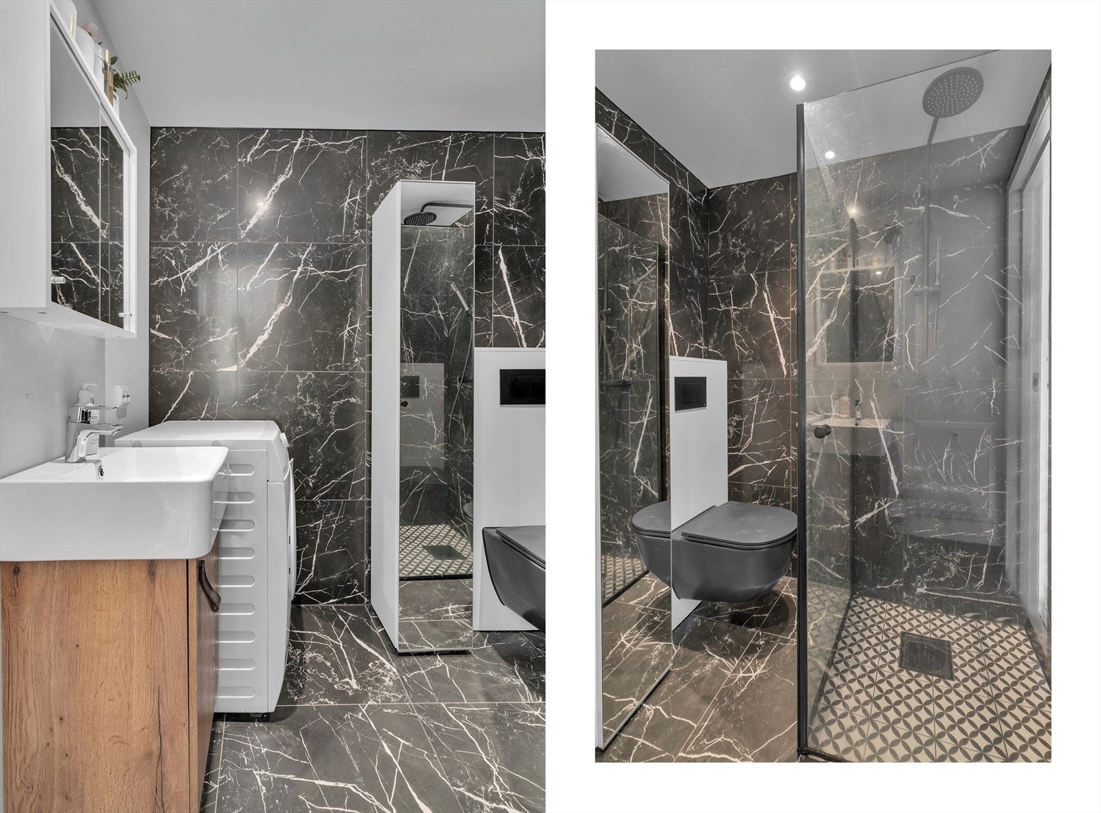 Moderne bad/vaskerom med stilren innredning, vegghengt wc og regndusj Galleribilde