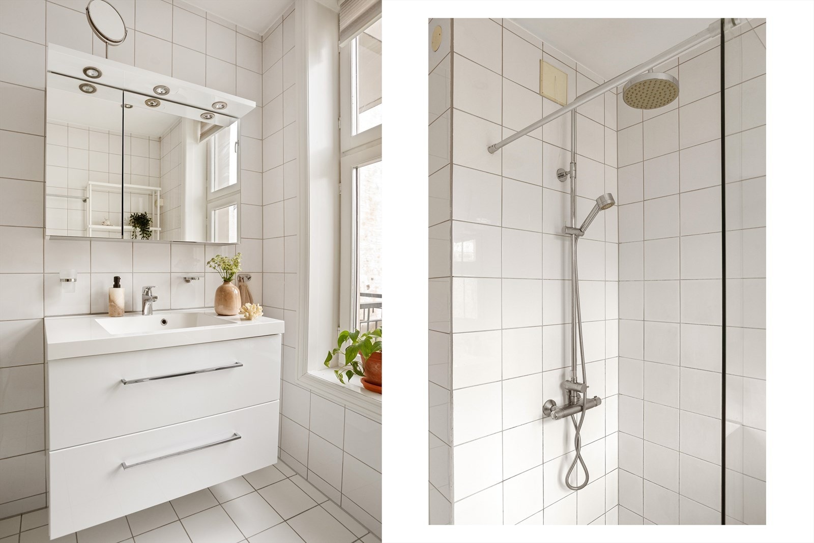 Baderommet er utstyrt med servant med innredning, speilskap, dusjnisje med glassvegger og toalett Galleribilde