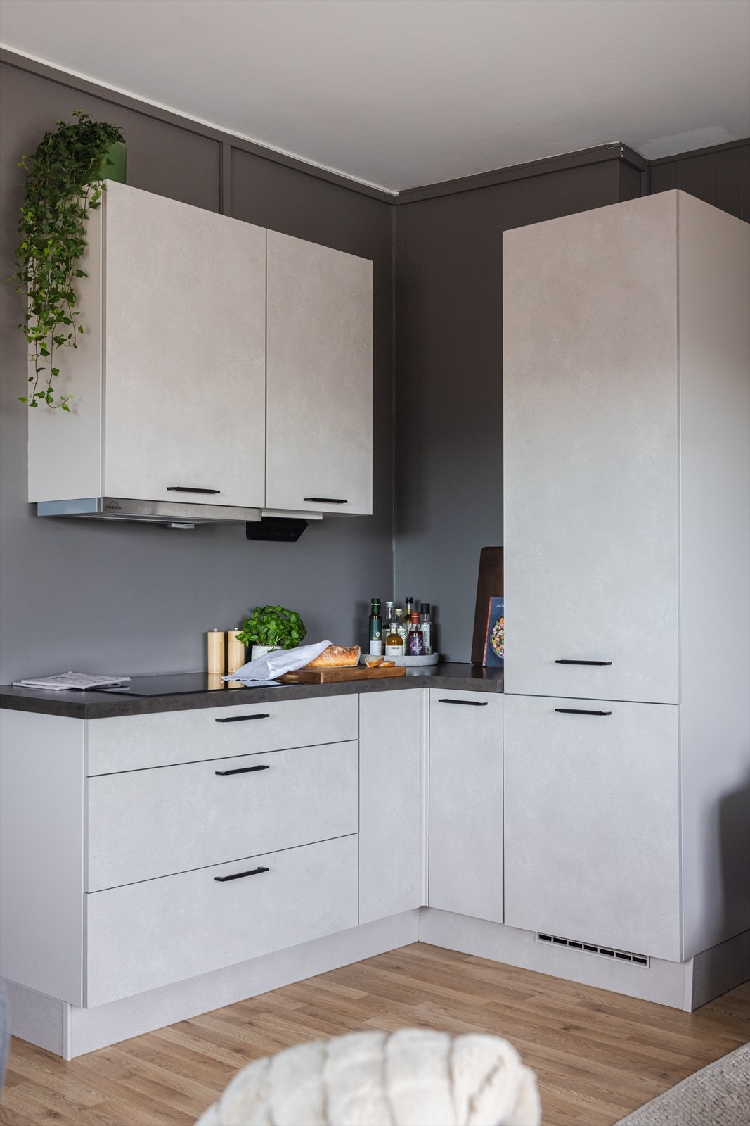 Sømløst integrerte hvitevarer bestående av platetopp, stekeovn, oppvaskmaskin og kjøleskap. Galleribilde