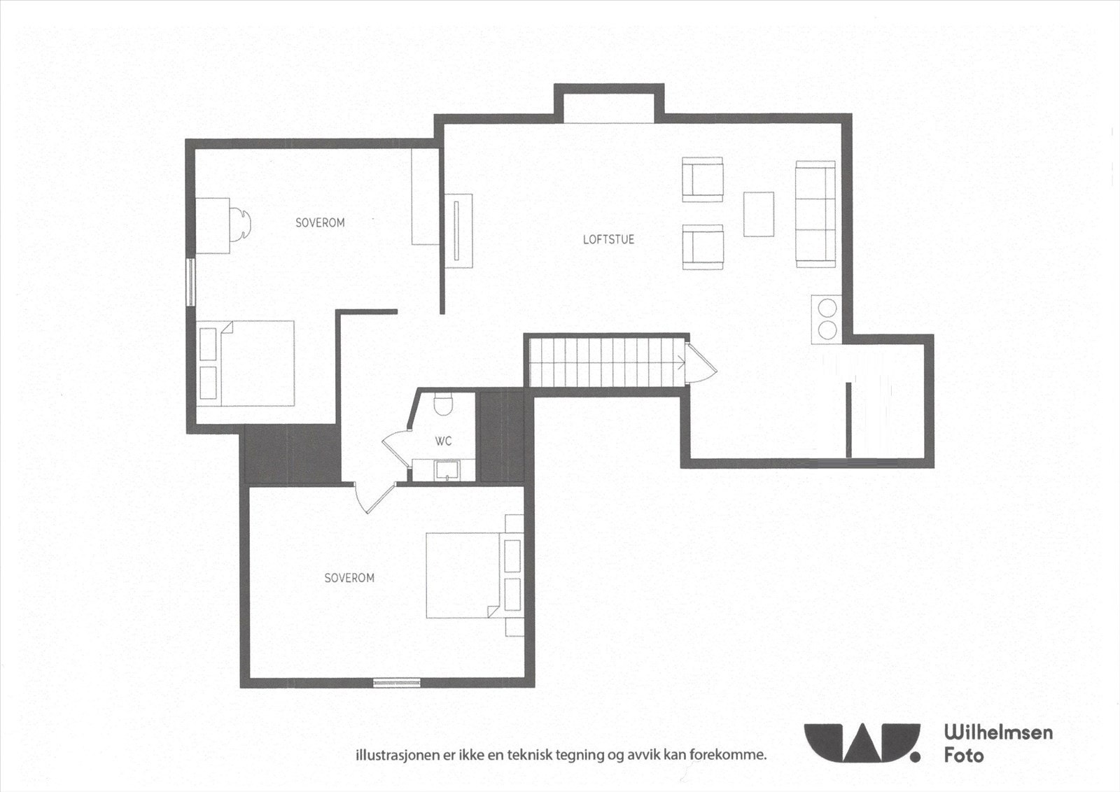 vDet gjøres oppmerksom på at loftet ikke er lovlig innredet. Det kreves søknad om bruksendring til kommunen for å få dette godkjent. Galleribilde